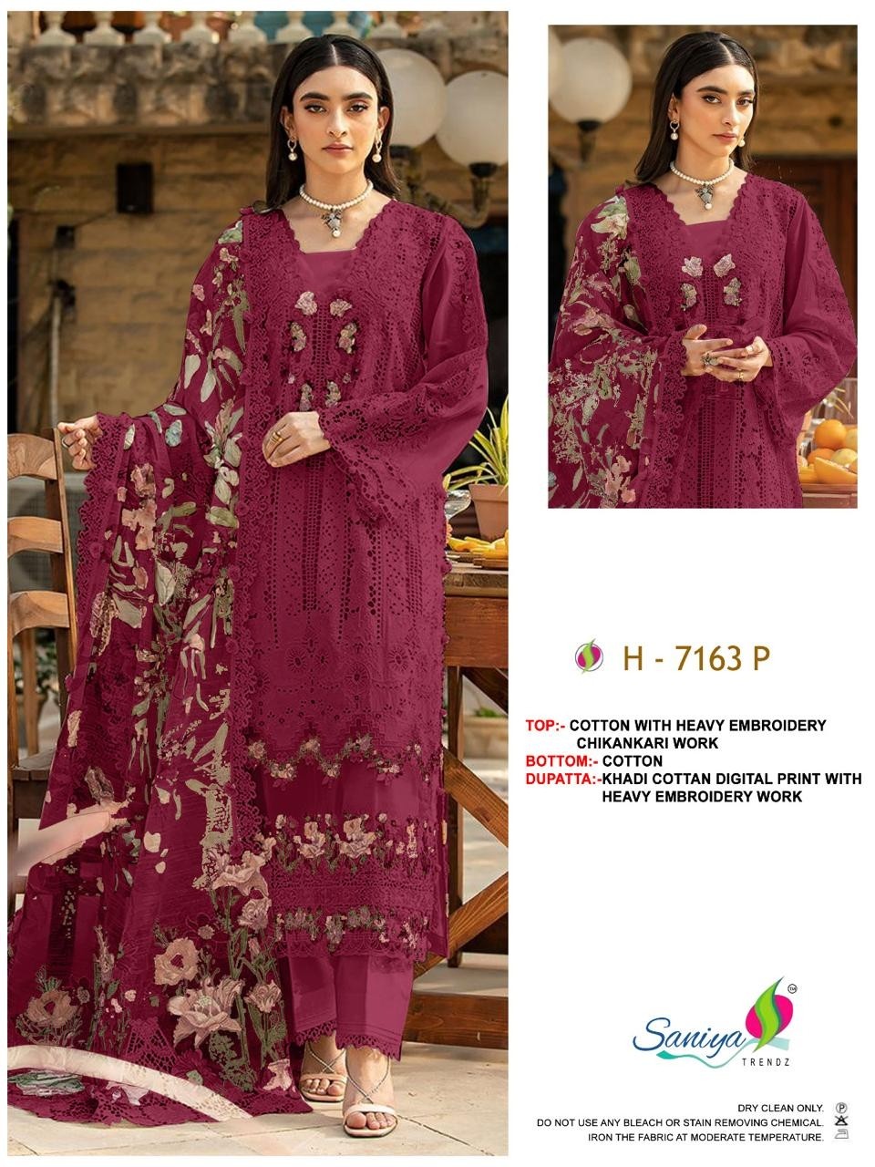 Saniya Trendz ELAF Premium Cotton Chikankari Embroidered Dress Material – Design 7163 Pakistani Suit Single Wholesale Price 