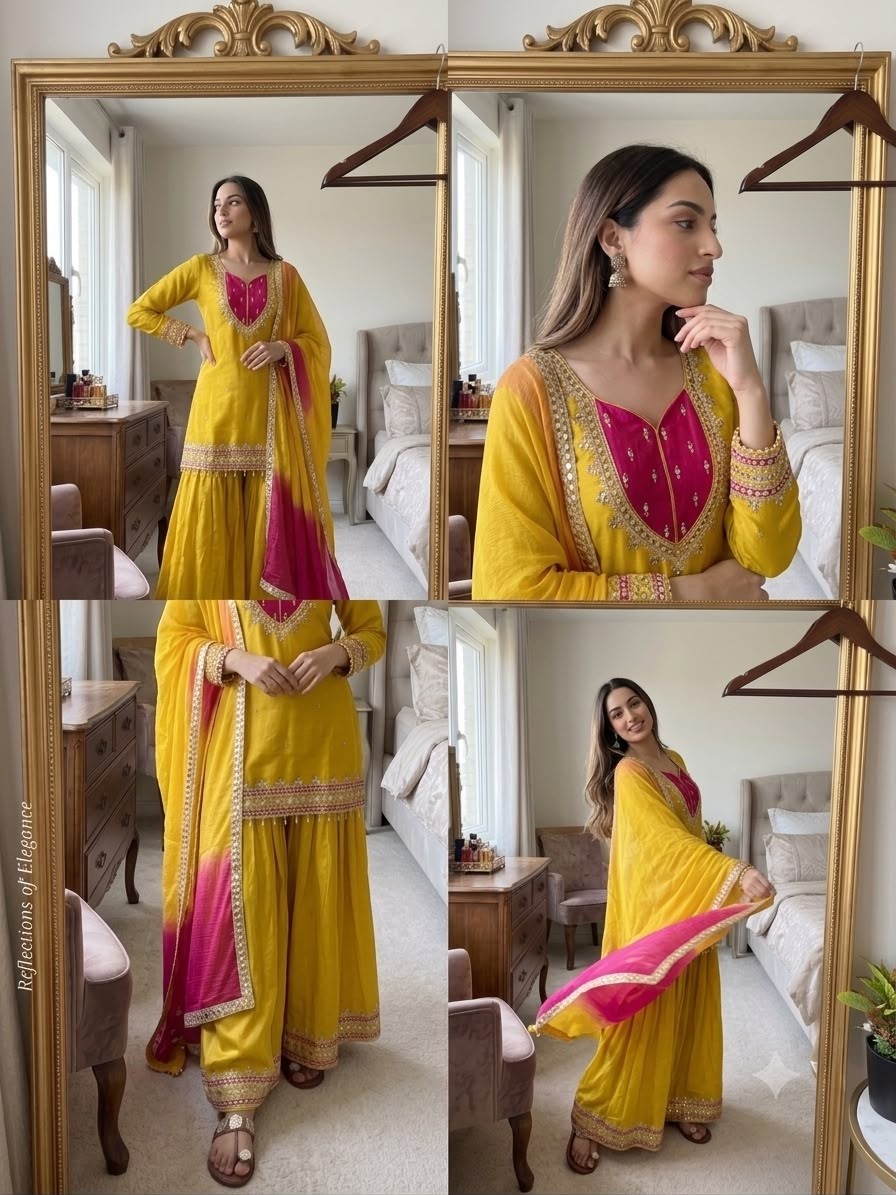 SRK-5361 Roman Glass Real Mirror Work Kurti Palazzo Set with Kota Checks Dupatta Pakistani Suit Single Wholesale Price 