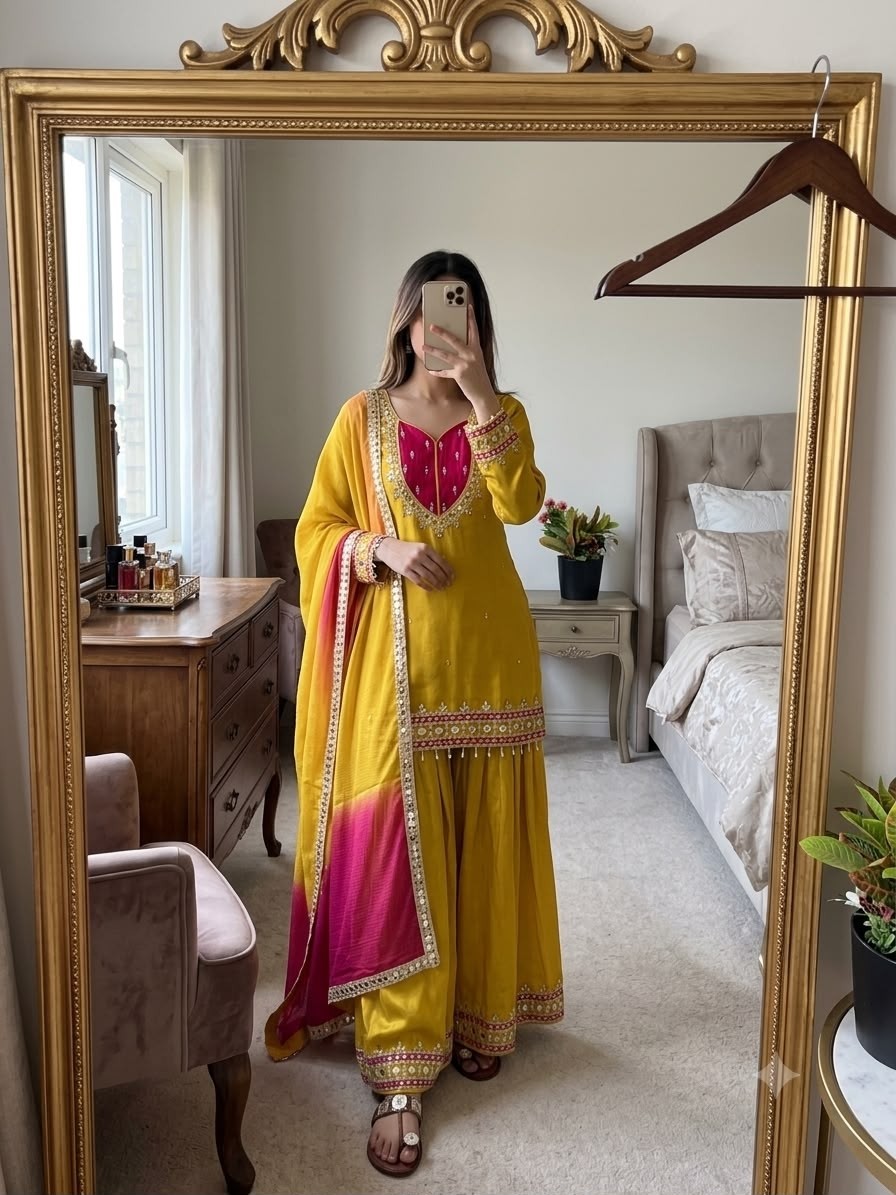 SRK-5361 Roman Glass Real Mirror Work Kurti Palazzo Set with Kota Checks Dupatta Pakistani Suit Single Wholesale Price 