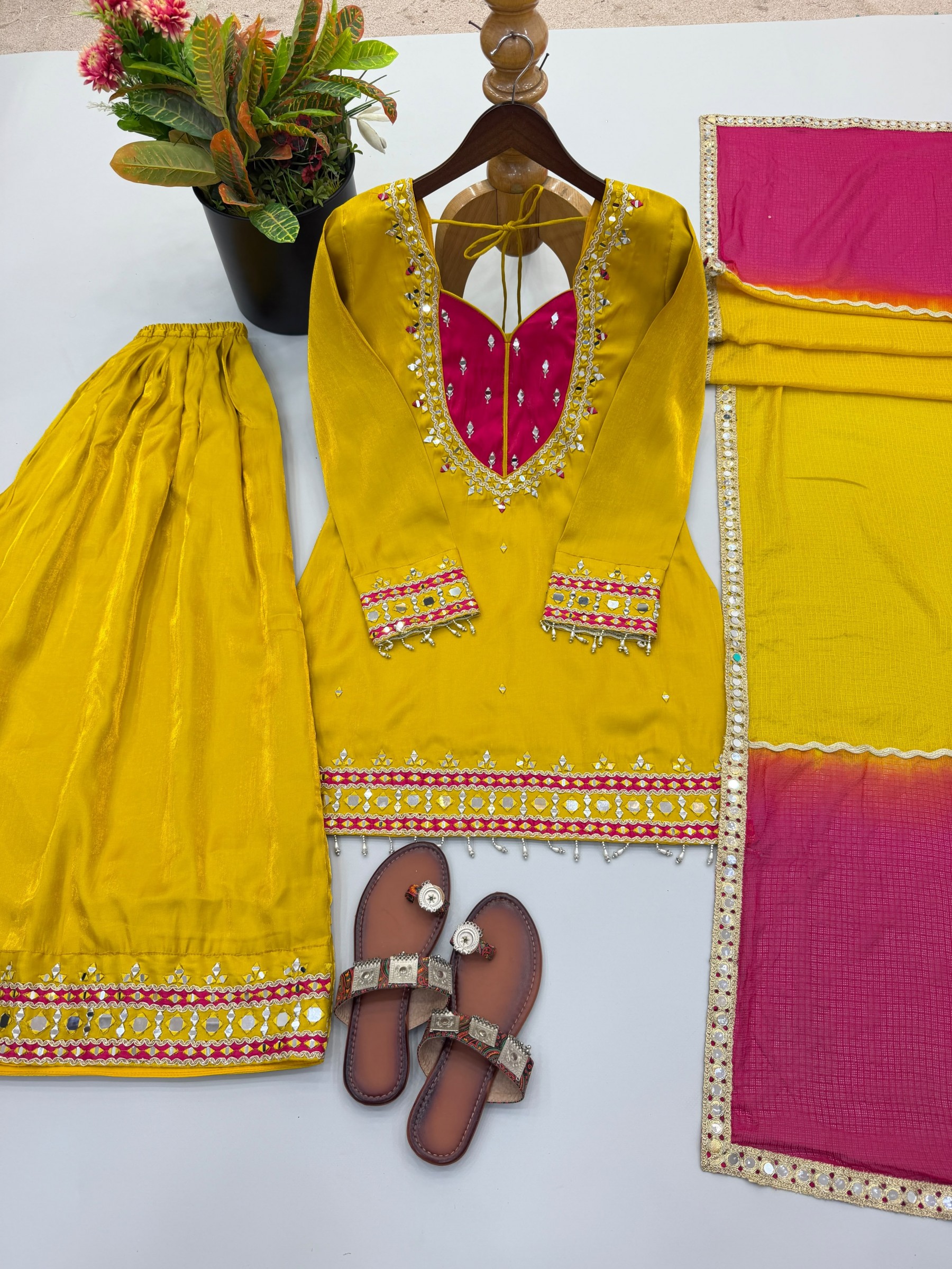SRK-5361 Roman Glass Real Mirror Work Kurti Palazzo Set with Kota Checks Dupatta Pakistani Suit Single Wholesale Price 