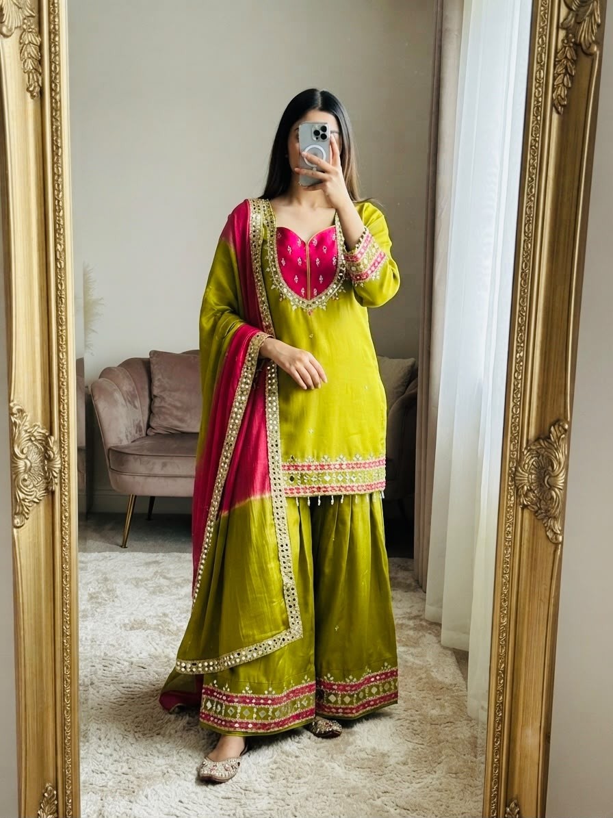 SRK-5361 Roman Glass Real Mirror Work Kurti Palazzo Set with Kota Checks Dupatta Pakistani Suit Single Wholesale Price 