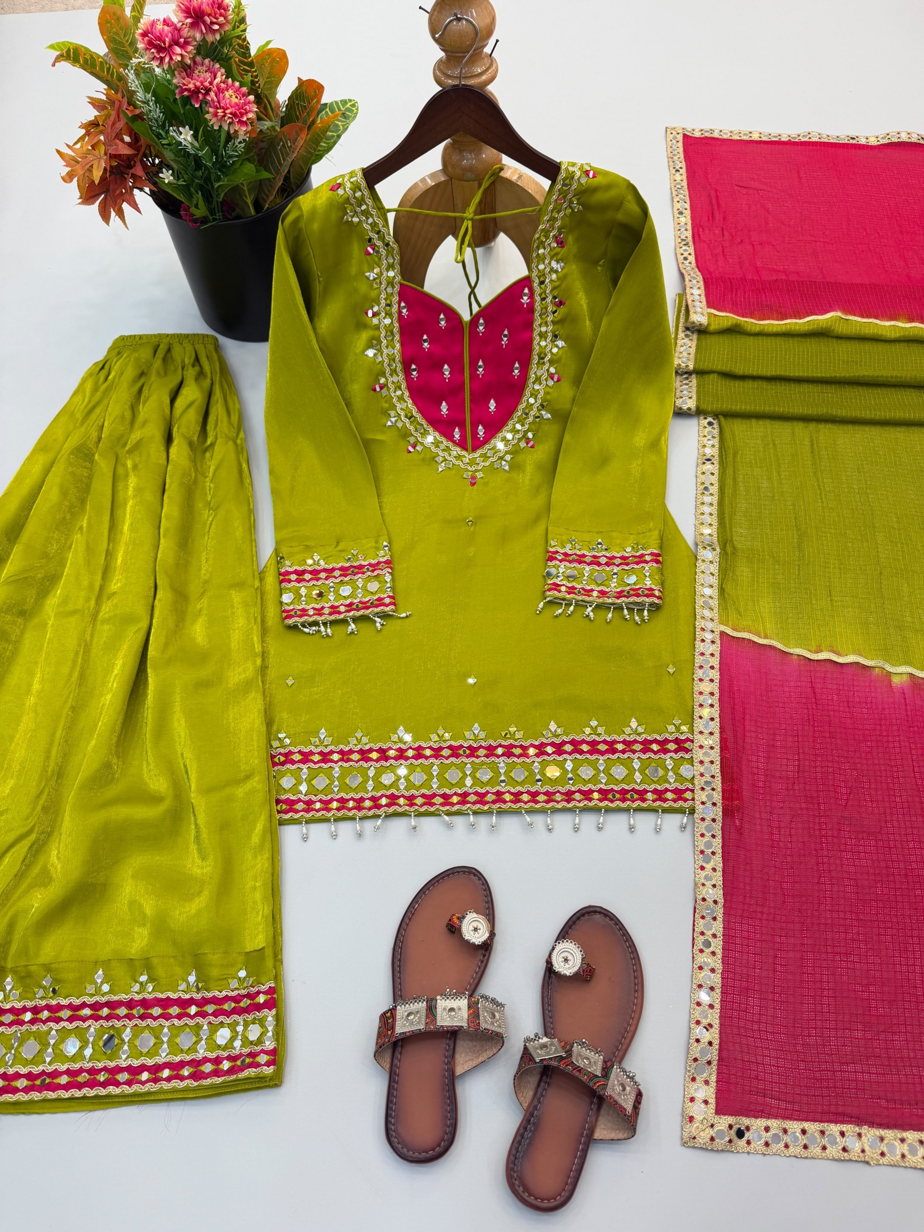 SRK-5361 Roman Glass Real Mirror Work Kurti Palazzo Set with Kota Checks Dupatta Pakistani Suit Single Wholesale Price 