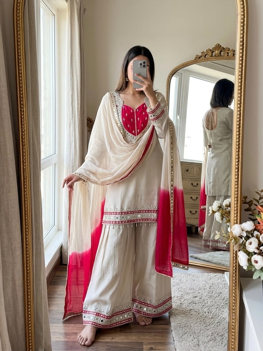 SRK-5361 Roman Glass Real Mirror Work Kurti Palazzo Set with Kota Checks Dupatta Pakistani Suit Single Wholesale Price 