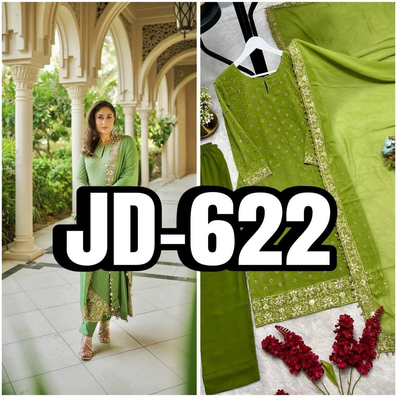 JD-622 Fancy Faux Georgette Embroidered Kurti Palazzo Set with Dupatta