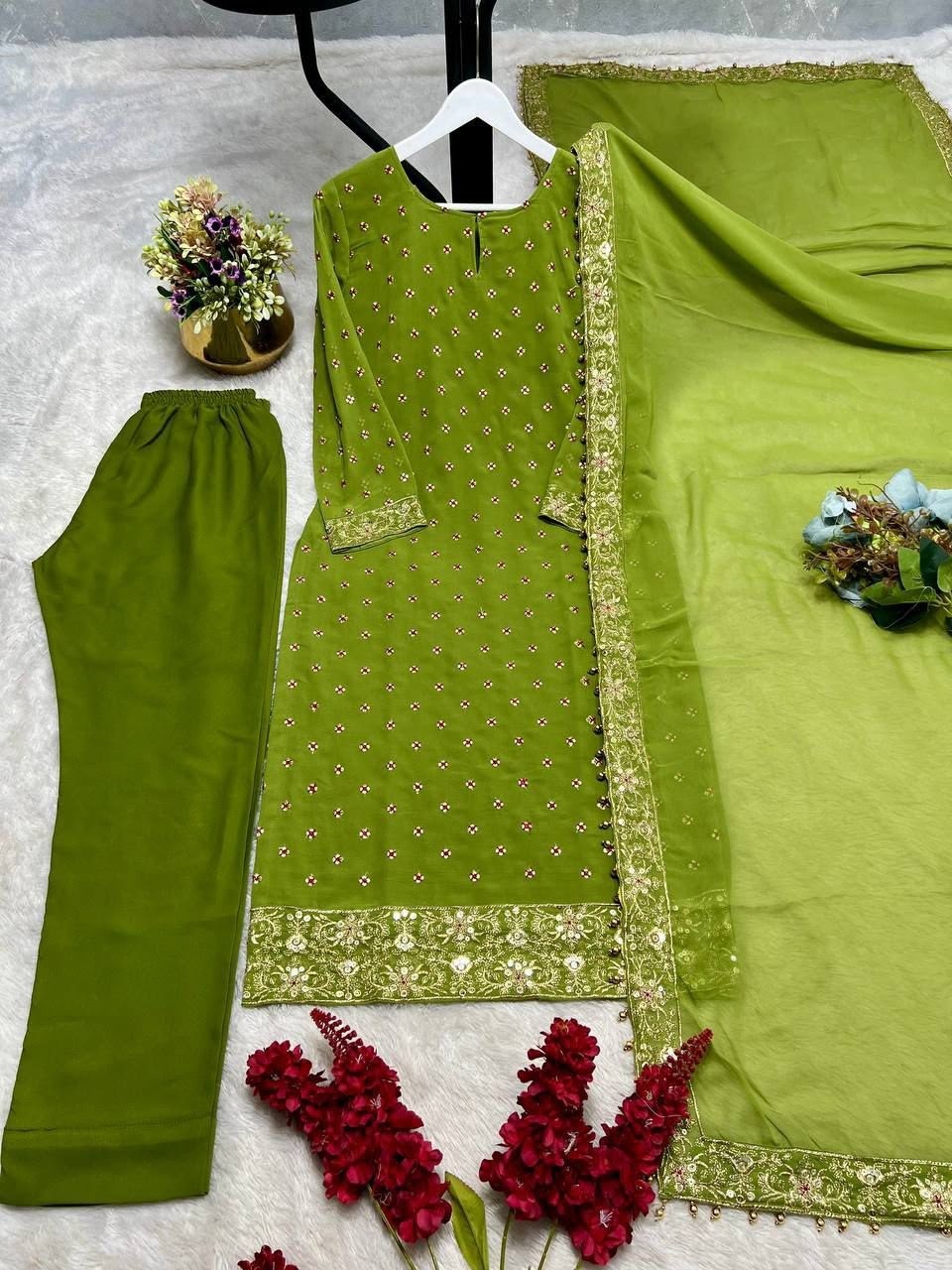 JD-622 Fancy Faux Georgette Embroidered Kurti Palazzo Set with Dupatta