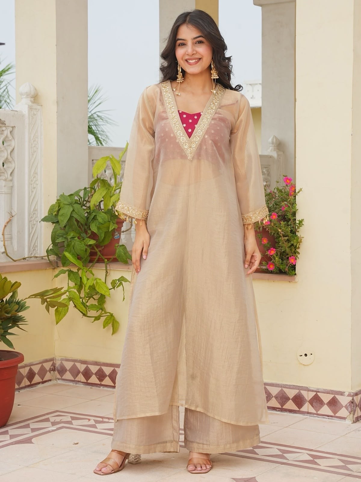 AD241 Pure Golden Tissue Salsa Designer Kurta Palazzo Set with Blouse