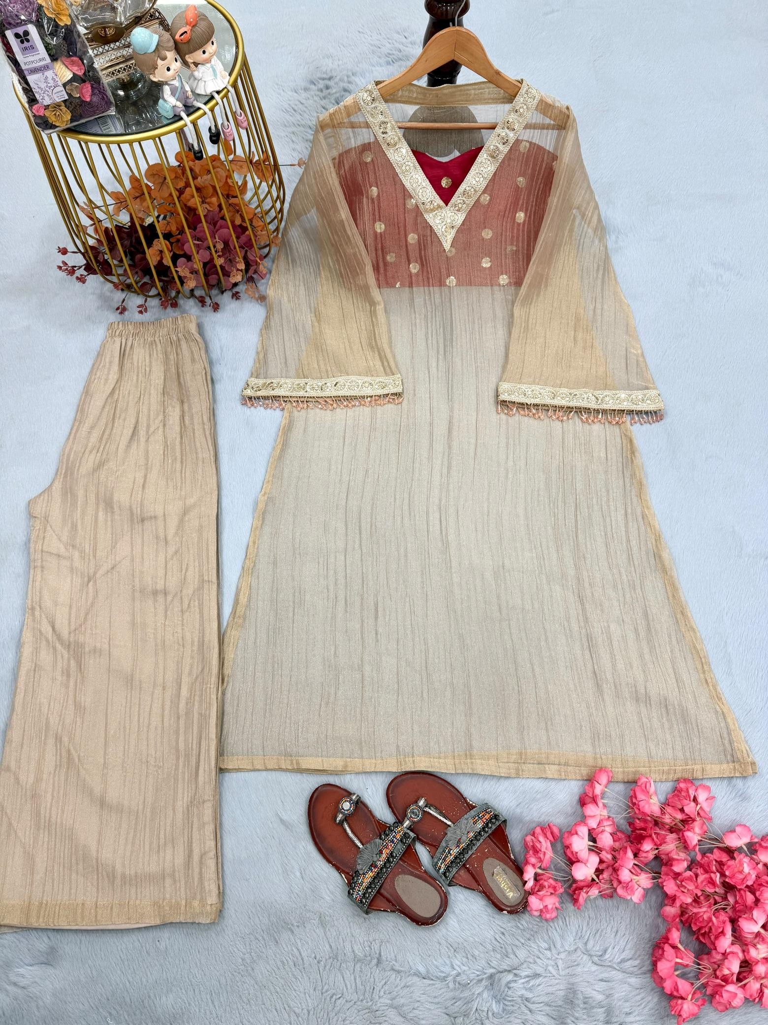 AD241 Pure Golden Tissue Salsa Designer Kurta Palazzo Set with Blouse