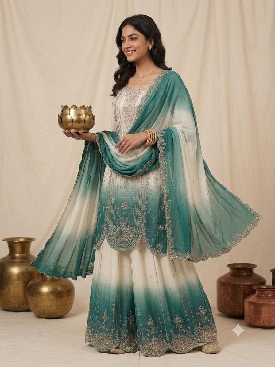 Women's Printed Star Georgette Sequins Embroidered Top Palazzo with Dupatta Set – LG-2128 Pakistani Suit Single Wholesale Price 