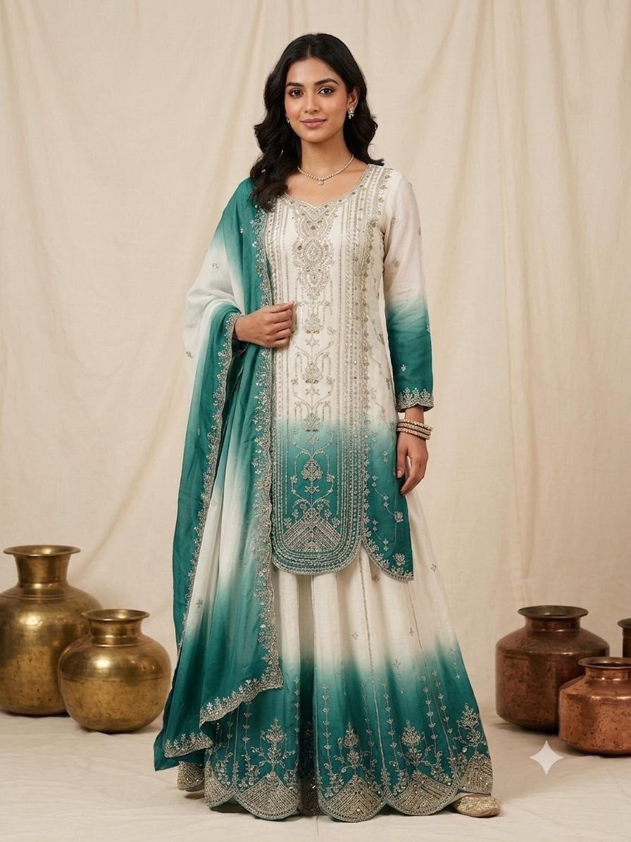 Women's Printed Star Georgette Sequins Embroidered Top Palazzo with Dupatta Set – LG-2128 Pakistani Suit Single Wholesale Price 