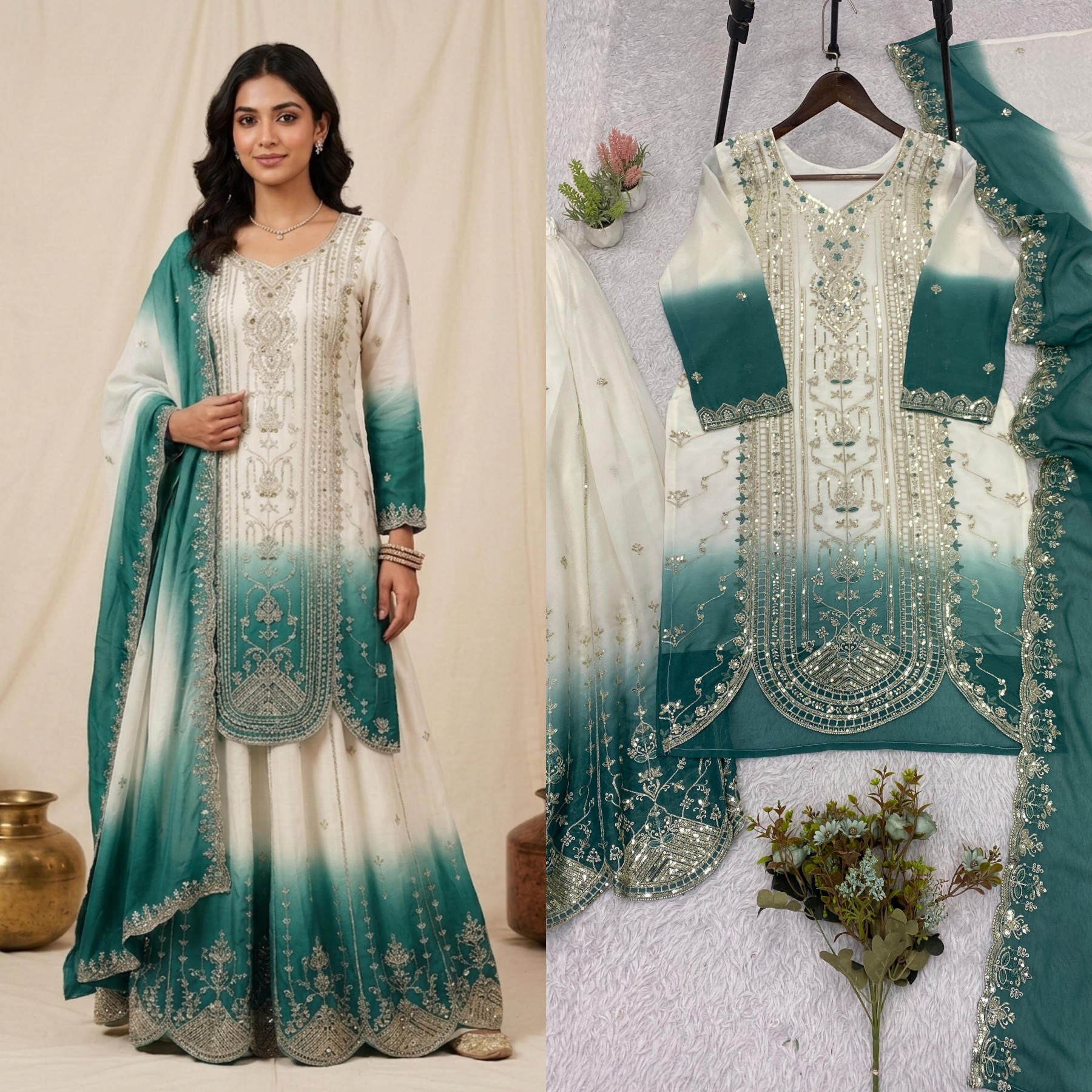 Women's Printed Star Georgette Sequins Embroidered Top Palazzo with Dupatta Set – LG-2128 Pakistani Suit Single Wholesale Price 