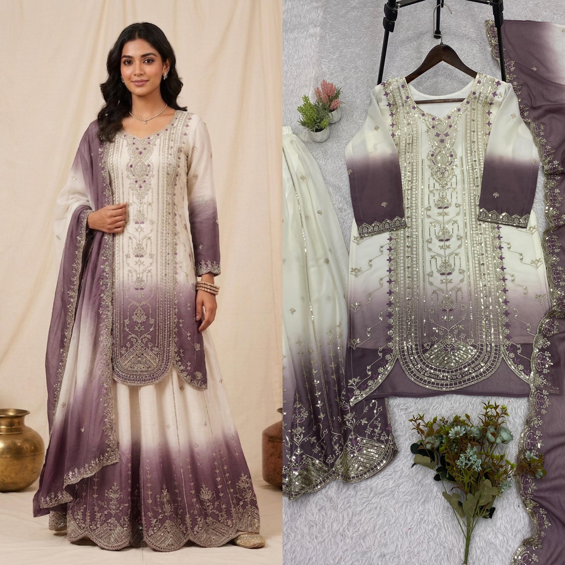 Women's Printed Star Georgette Sequins Embroidered Top Palazzo with Dupatta Set – LG-2128 Pakistani Suit Single Wholesale Price 