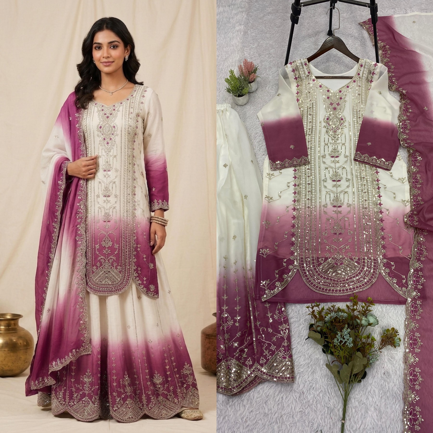 Women's Printed Star Georgette Sequins Embroidered Top Palazzo with Dupatta Set – LG-2128 Pakistani Suit Single Wholesale Price 