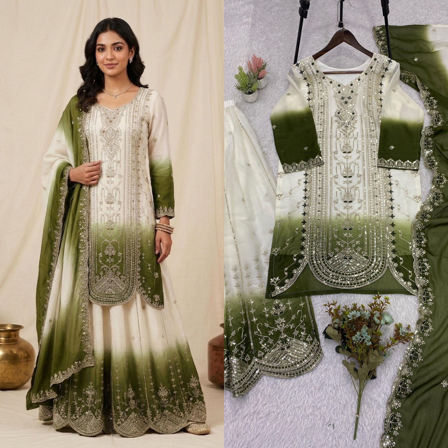 Women's Printed Star Georgette Sequins Embroidered Top Palazzo with Dupatta Set – LG-2128 Pakistani Suit Single Wholesale Price 