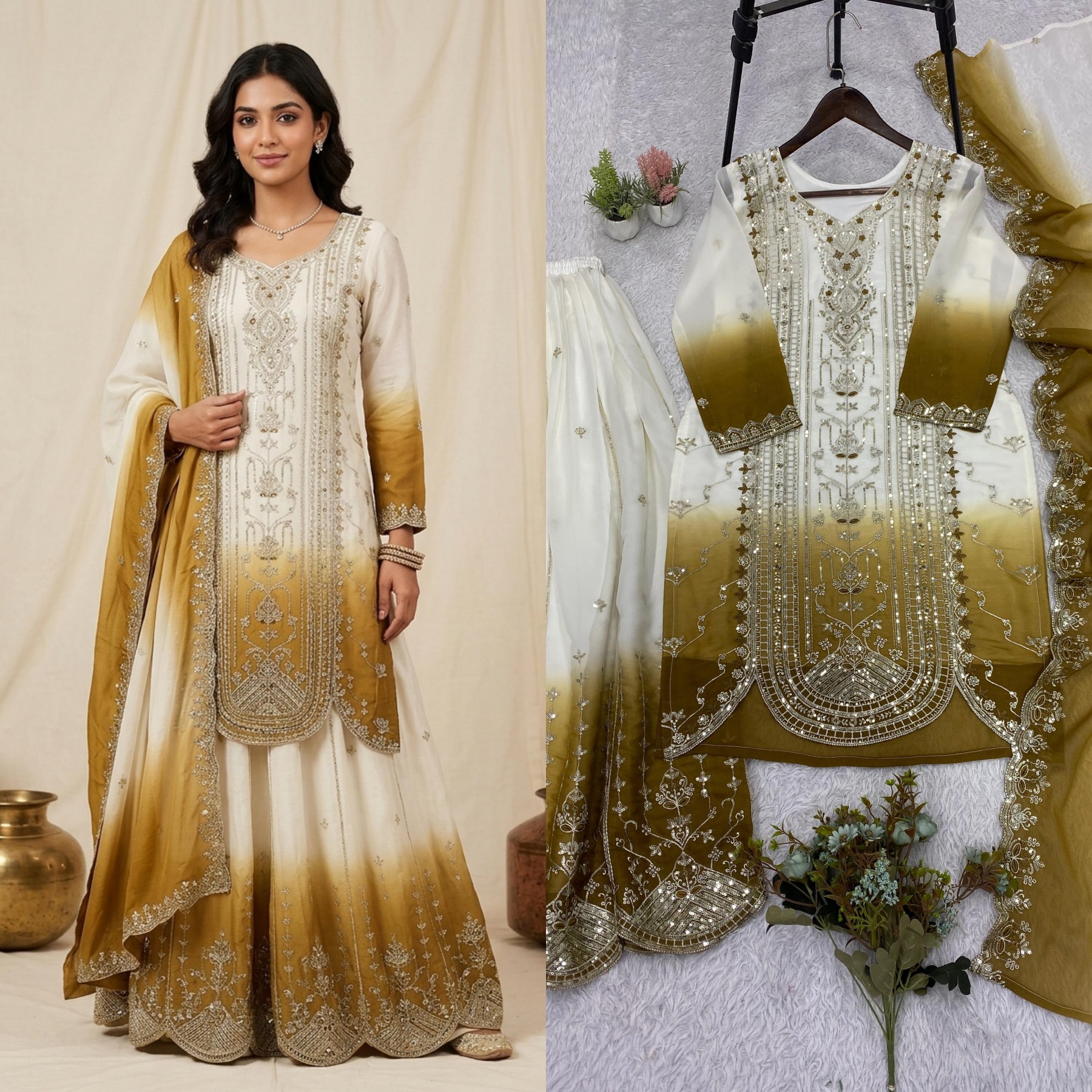 Women's Printed Star Georgette Sequins Embroidered Top Palazzo with Dupatta Set – LG-2128 Pakistani Suit Single Wholesale Price 