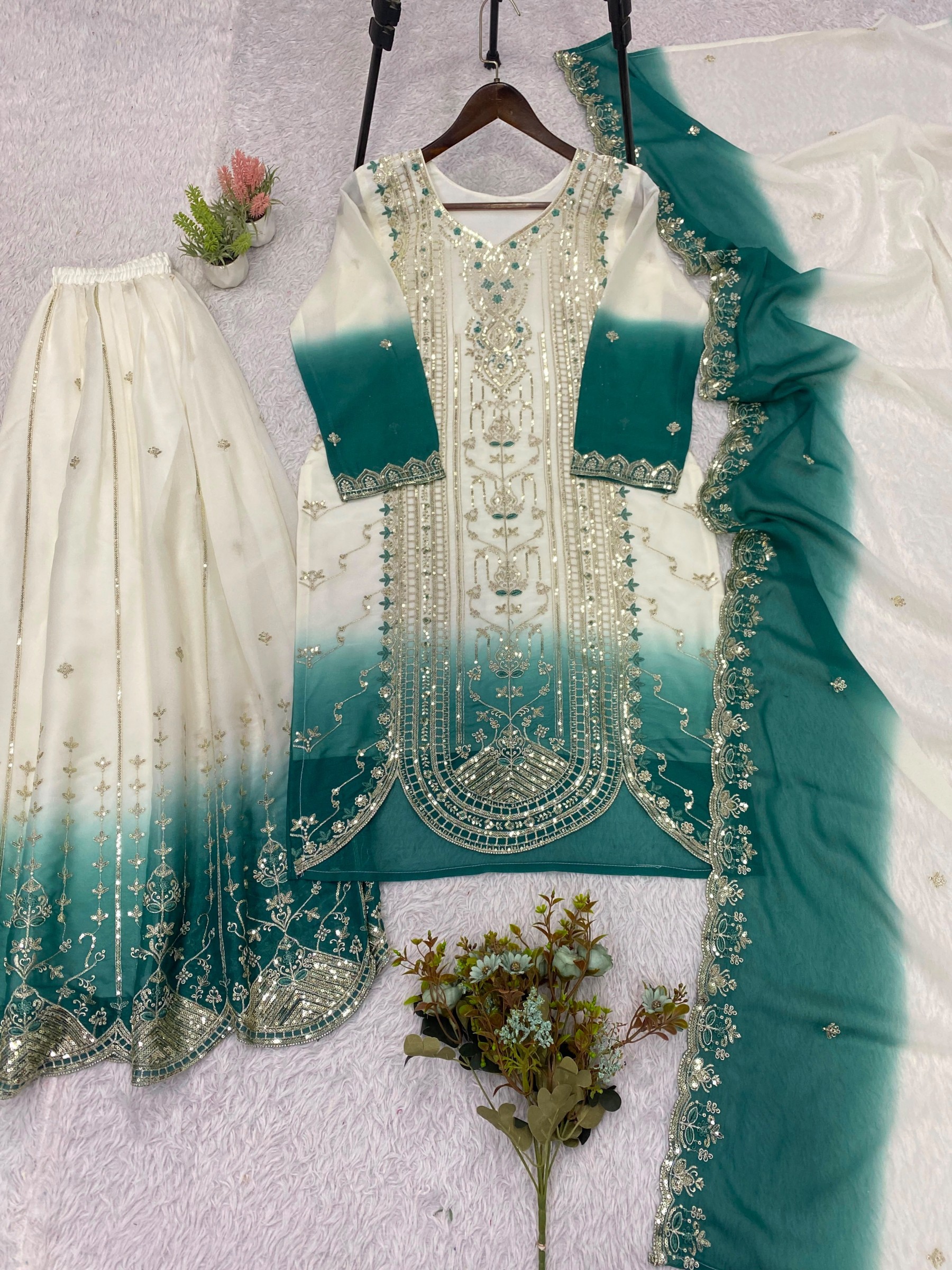 Women's Printed Star Georgette Sequins Embroidered Top Palazzo with Dupatta Set – LG-2128 Pakistani Suit Single Wholesale Price 