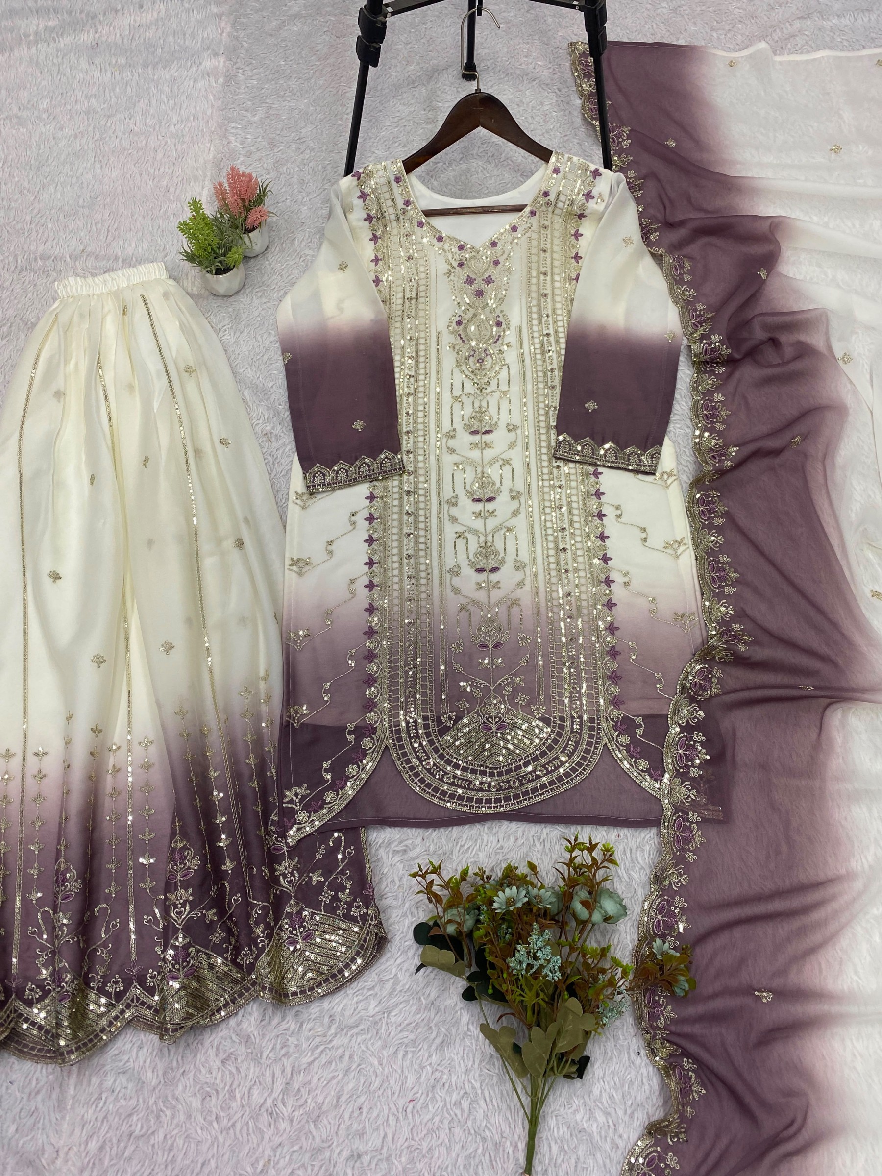 Women's Printed Star Georgette Sequins Embroidered Top Palazzo with Dupatta Set – LG-2128 Pakistani Suit Single Wholesale Price 