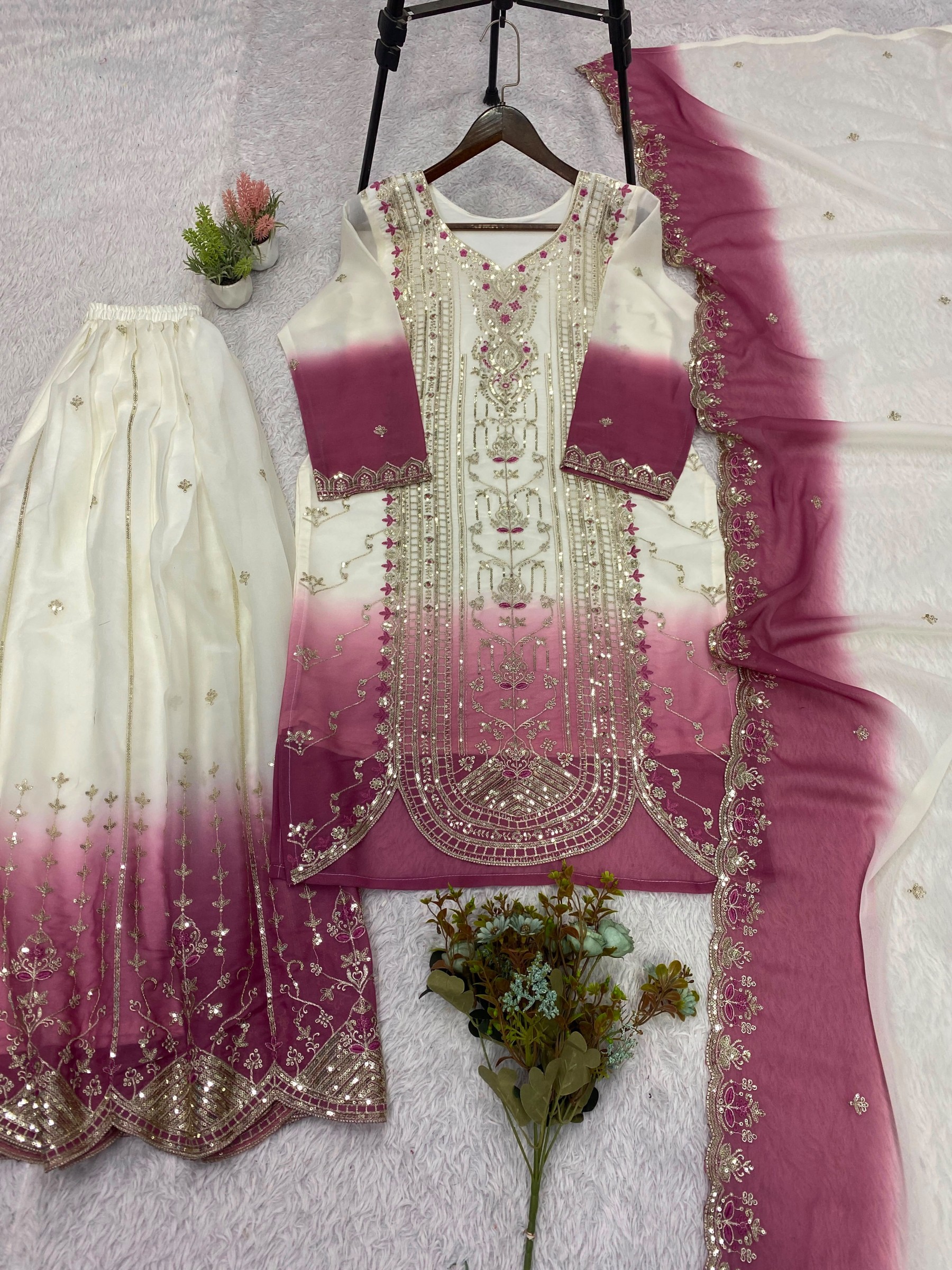 Women's Printed Star Georgette Sequins Embroidered Top Palazzo with Dupatta Set – LG-2128 Pakistani Suit Single Wholesale Price 