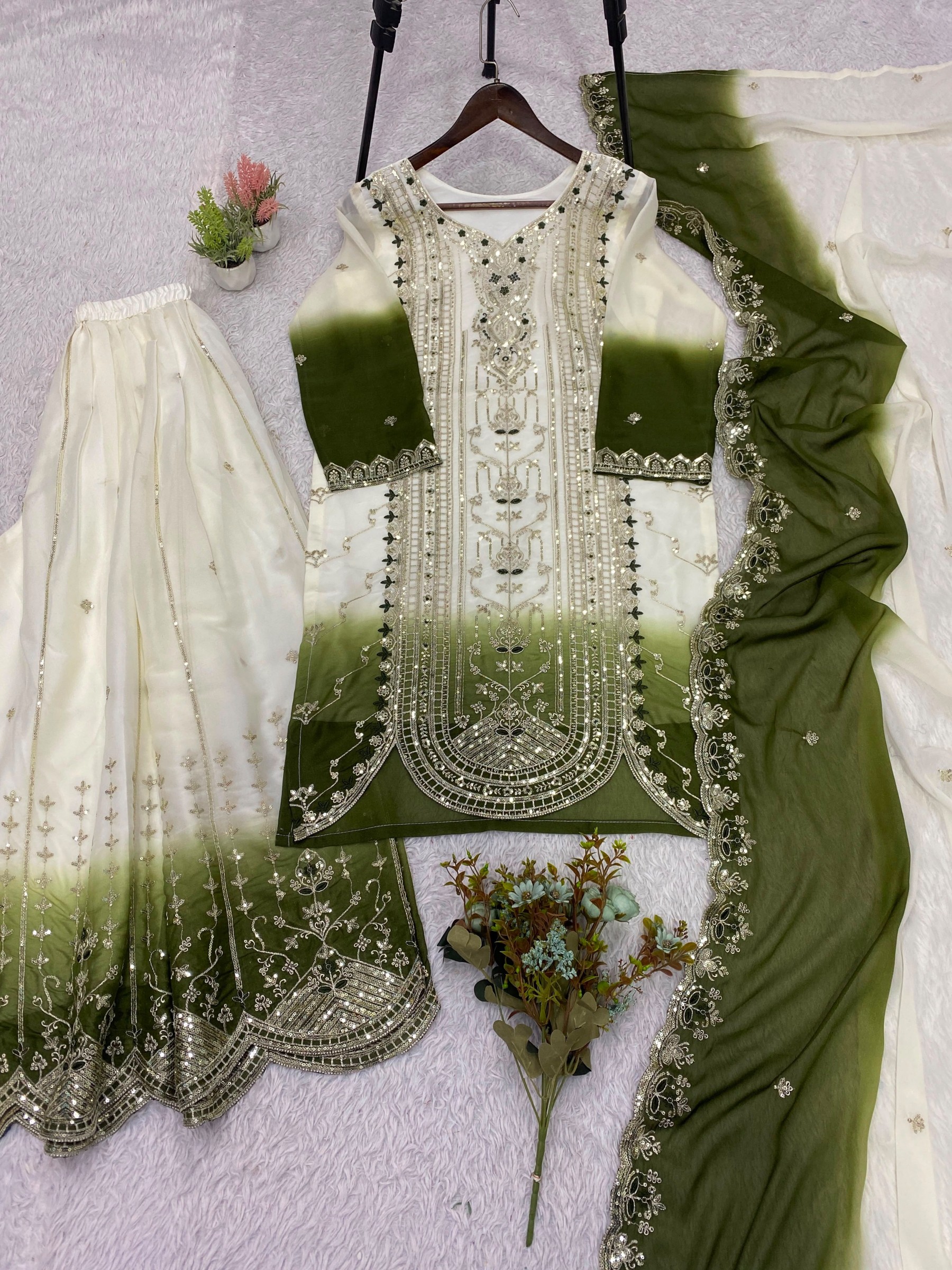 Women's Printed Star Georgette Sequins Embroidered Top Palazzo with Dupatta Set – LG-2128 Pakistani Suit Single Wholesale Price 