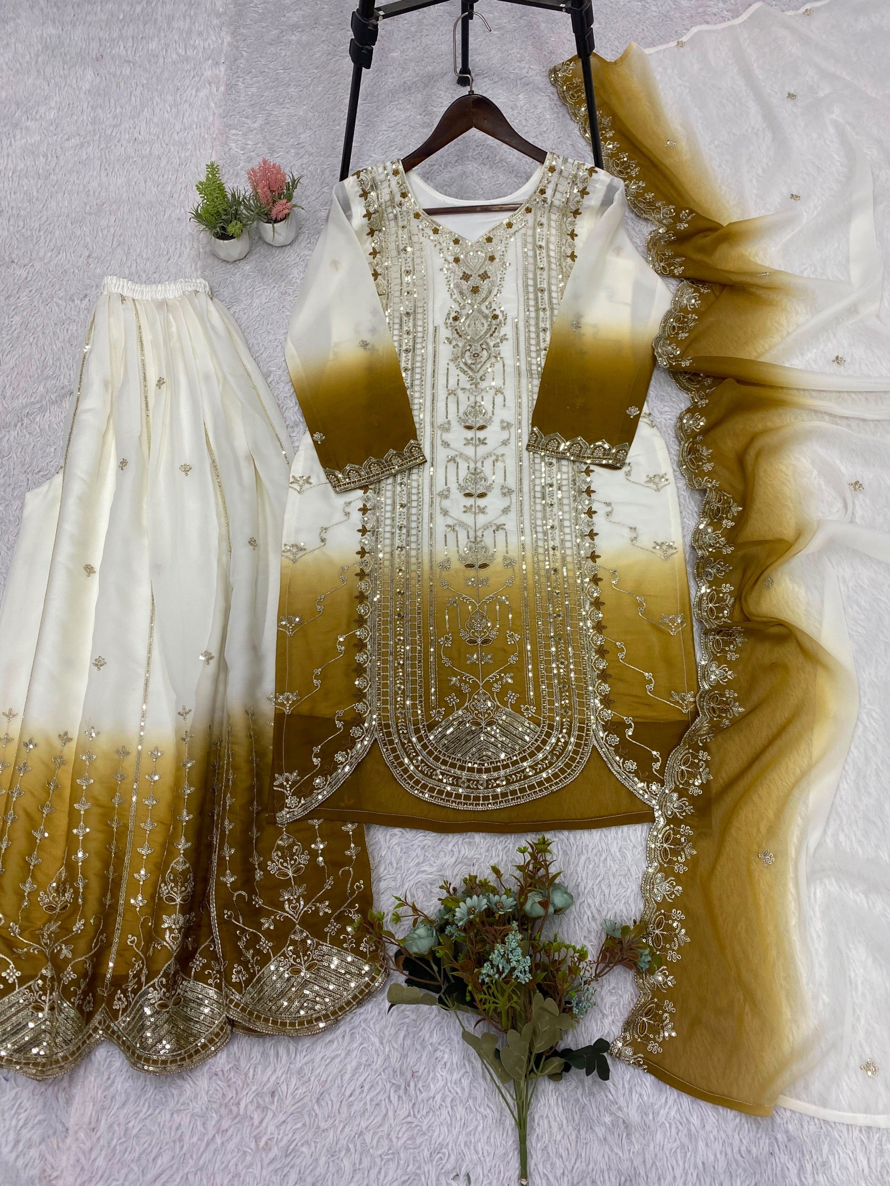 Women's Printed Star Georgette Sequins Embroidered Top Palazzo with Dupatta Set – LG-2128 Pakistani Suit Single Wholesale Price 