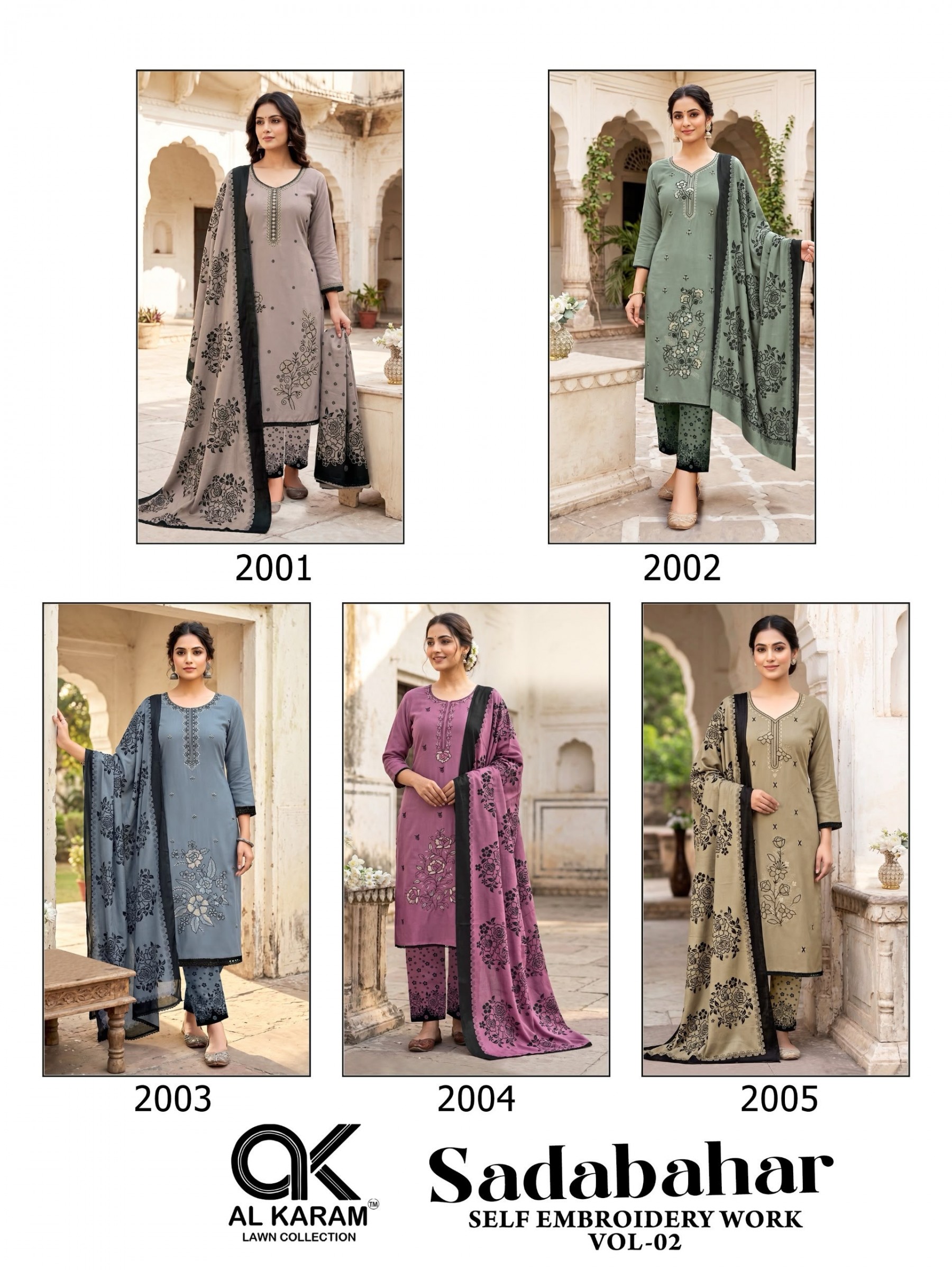 Al Karam Lawn Sadabahar Vol 02 Premium Embroidered Rayon 3-Piece Pakistani Suit set to set wholesale price 