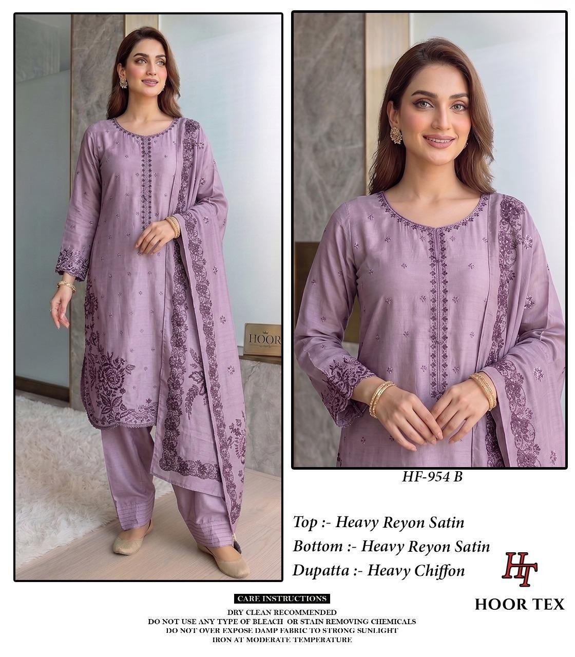 Hoor Tex HF-954 Pakistani Full Stitched Suit – Heavy Reyon Satin with Chiffon Dupatta Pakistani Suit (Full set & Single) Wholesale Price 