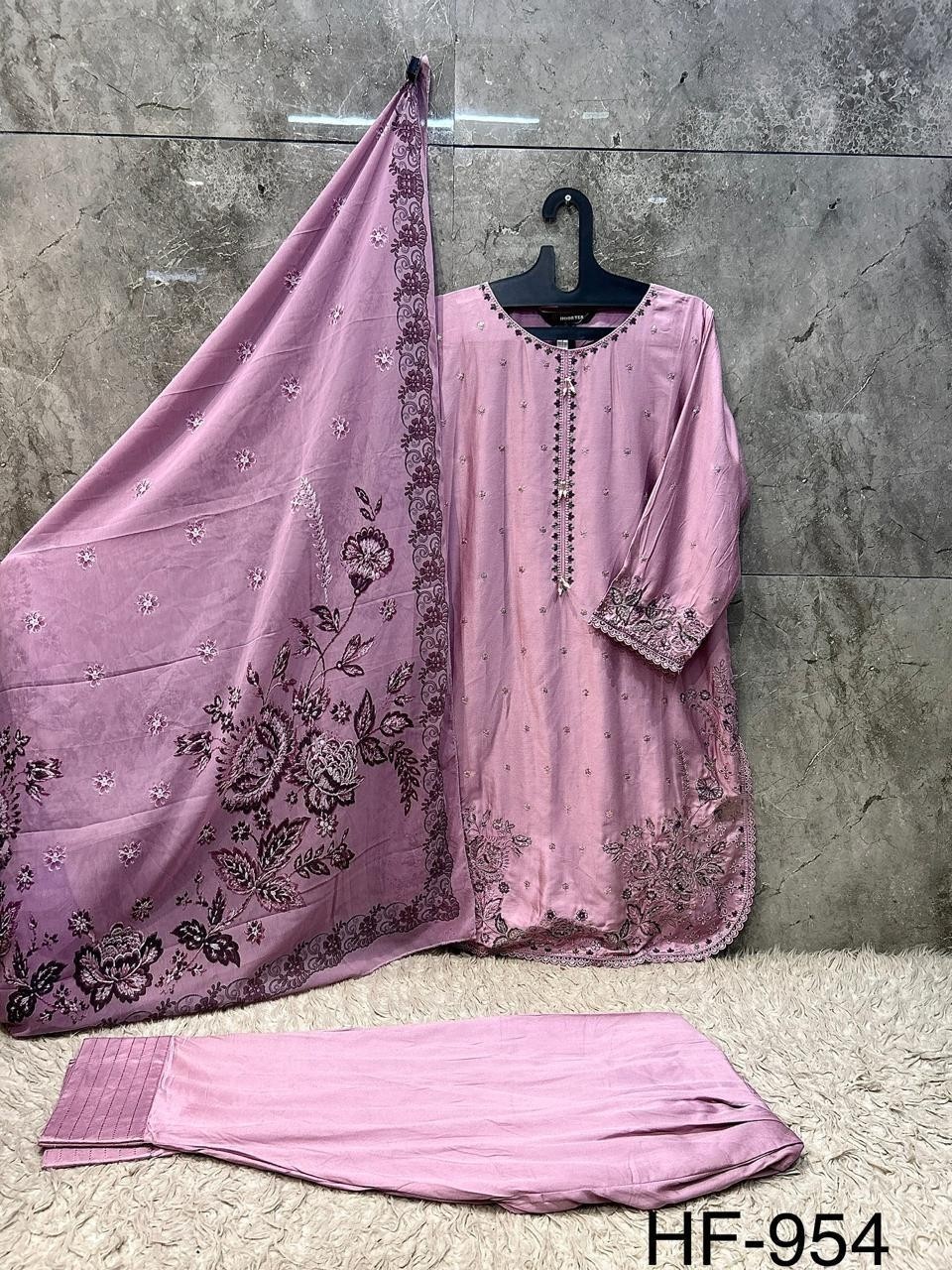 Hoor Tex HF-954 Pakistani Full Stitched Suit – Heavy Reyon Satin with Chiffon Dupatta Pakistani Suit (Full set & Single) Wholesale Price 