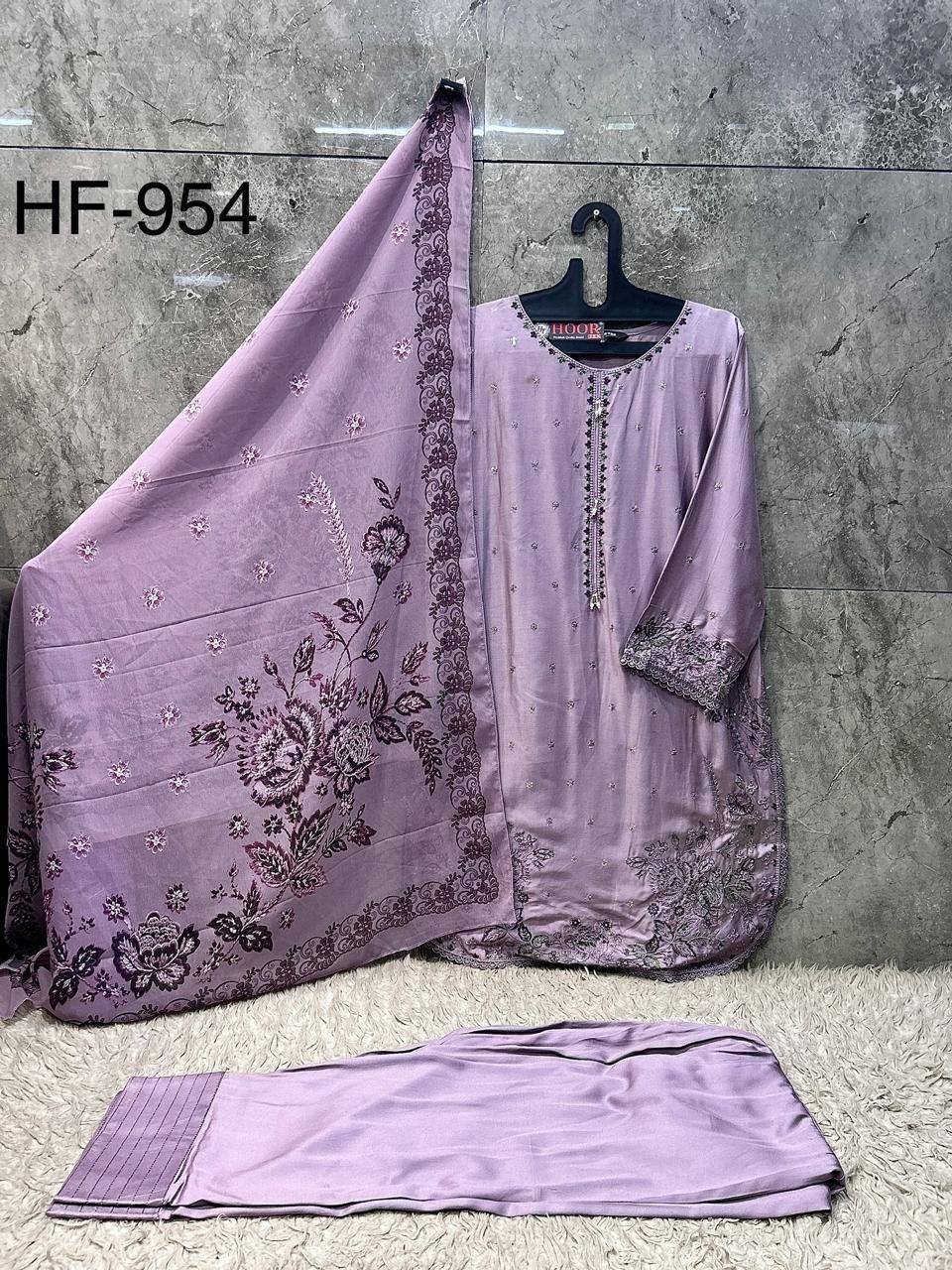 Hoor Tex HF-954 Pakistani Full Stitched Suit – Heavy Reyon Satin with Chiffon Dupatta Pakistani Suit (Full set & Single) Wholesale Price 