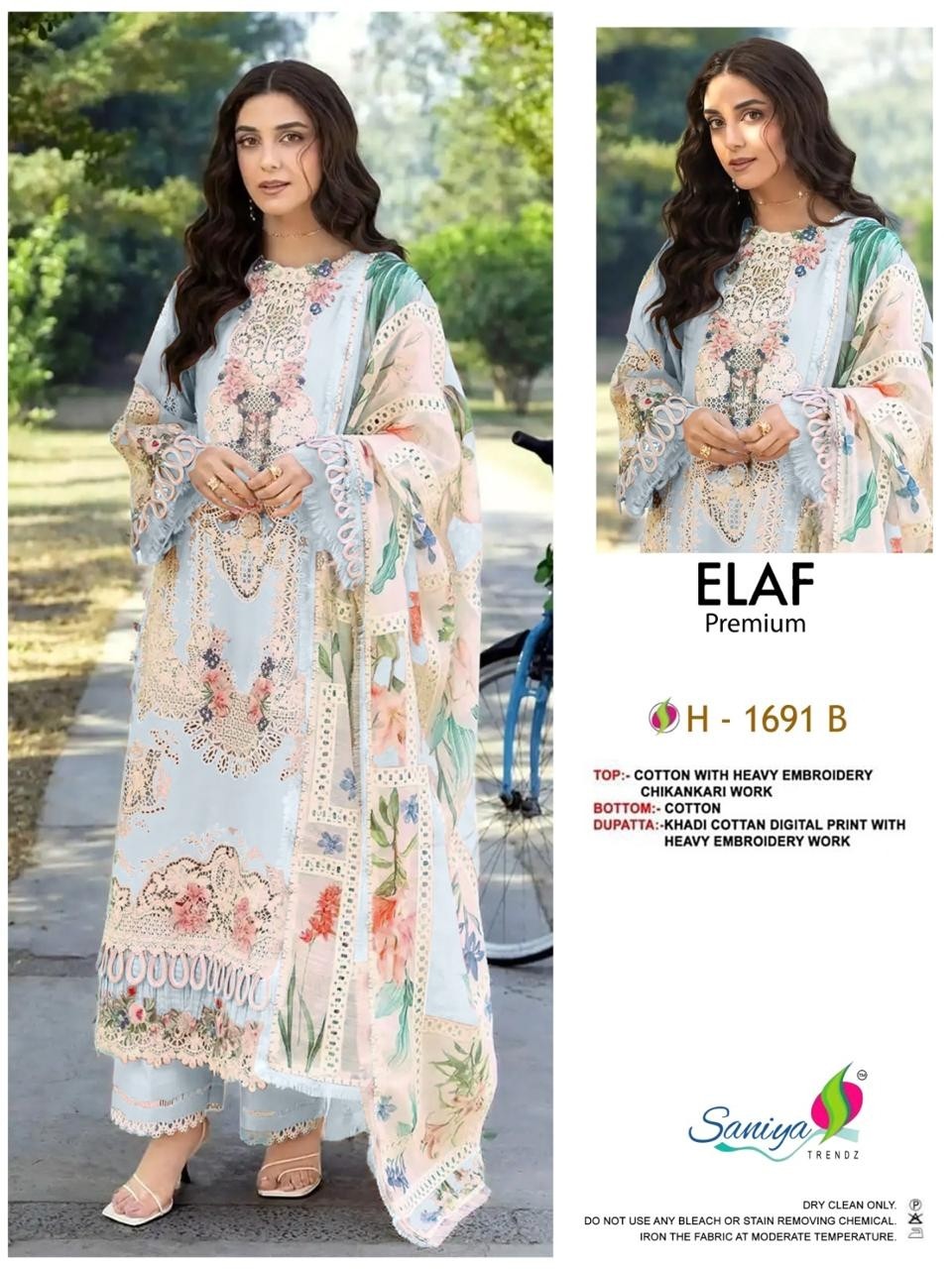 D.no 1691 Elaf Premium Cotton Chikankari Embroidered 3 Piece Pakistani Suit Single Wholesale Price – Saniya Trendz