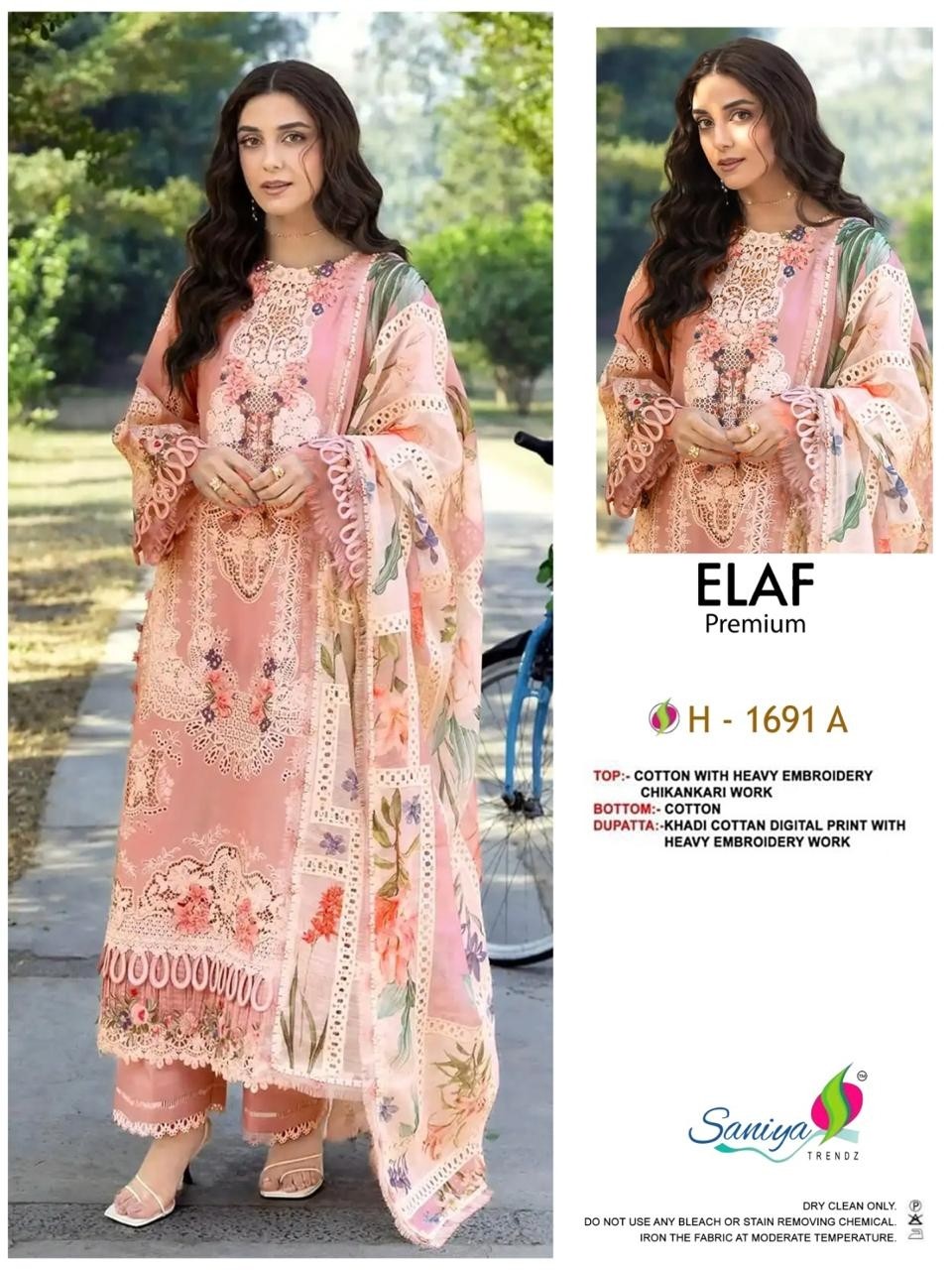 D.no 1691 Elaf Premium Cotton Chikankari Embroidered 3 Piece Pakistani Suit Single Wholesale Price – Saniya Trendz