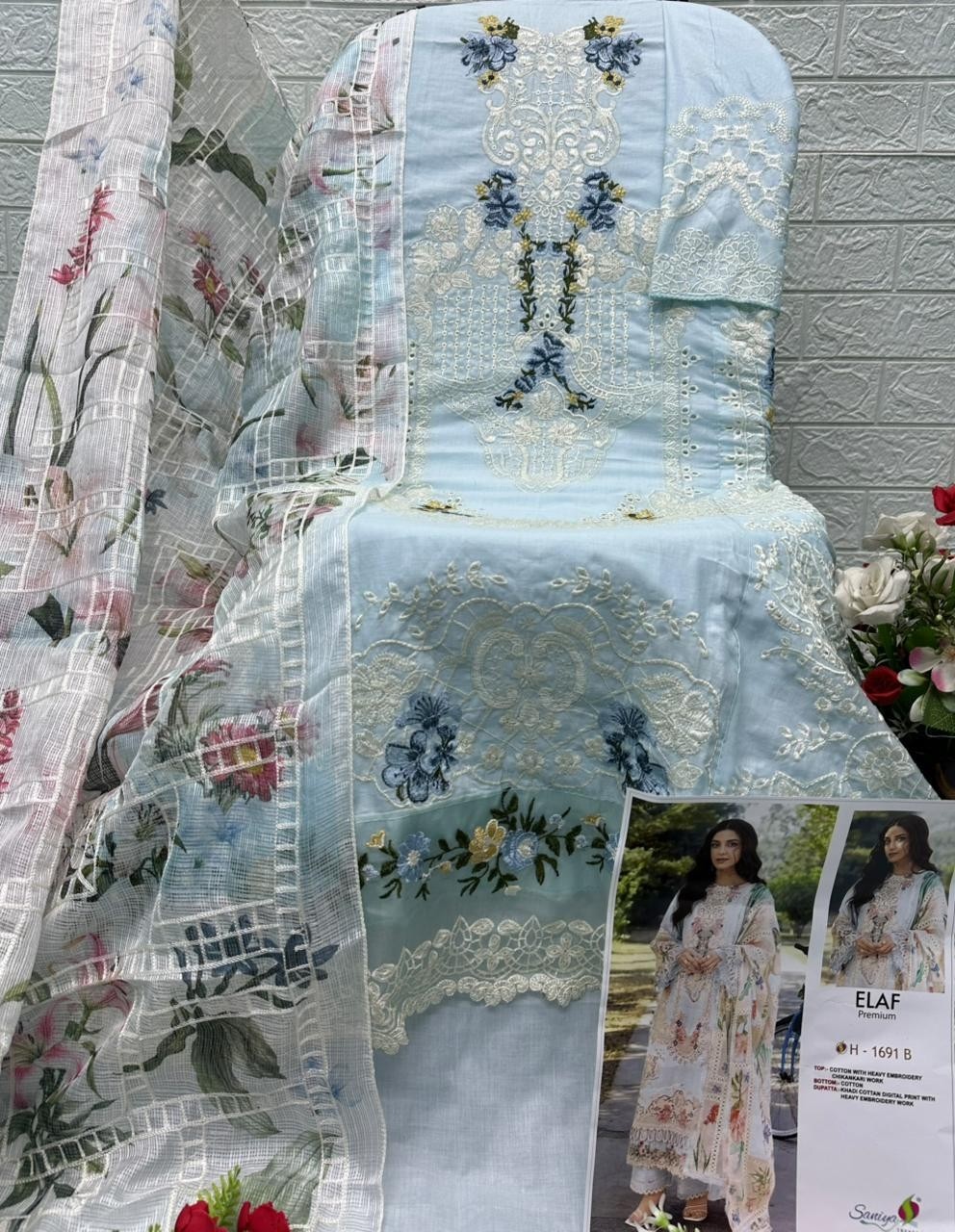 D.no 1691 Elaf Premium Cotton Chikankari Embroidered 3 Piece Pakistani Suit Single Wholesale Price – Saniya Trendz