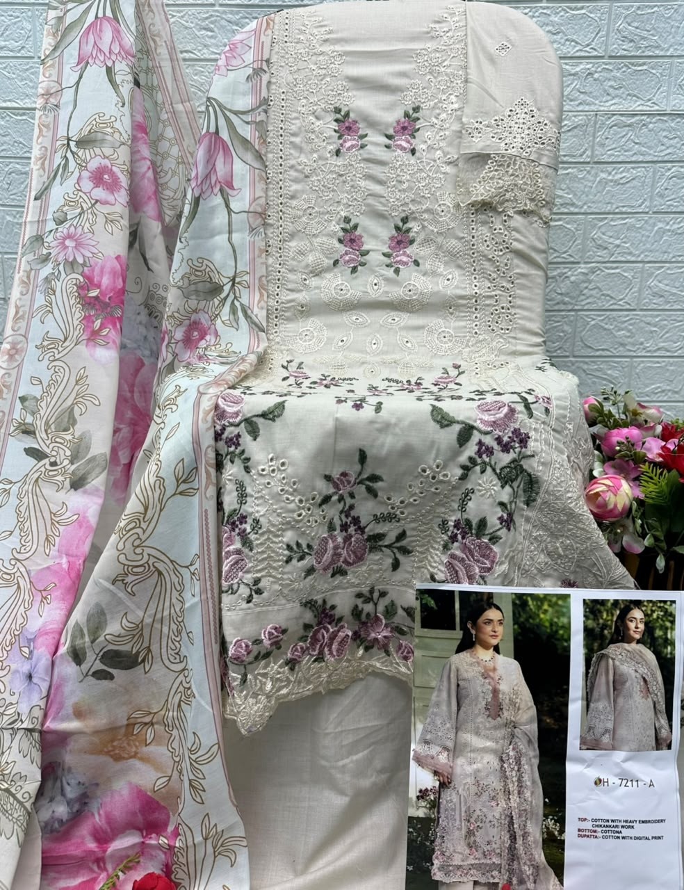 D.No 7211 TRENDZ Chikankari Cotton Suit with Maslin Printed Dupatta Pakistani Suit Single Wholesale Price 