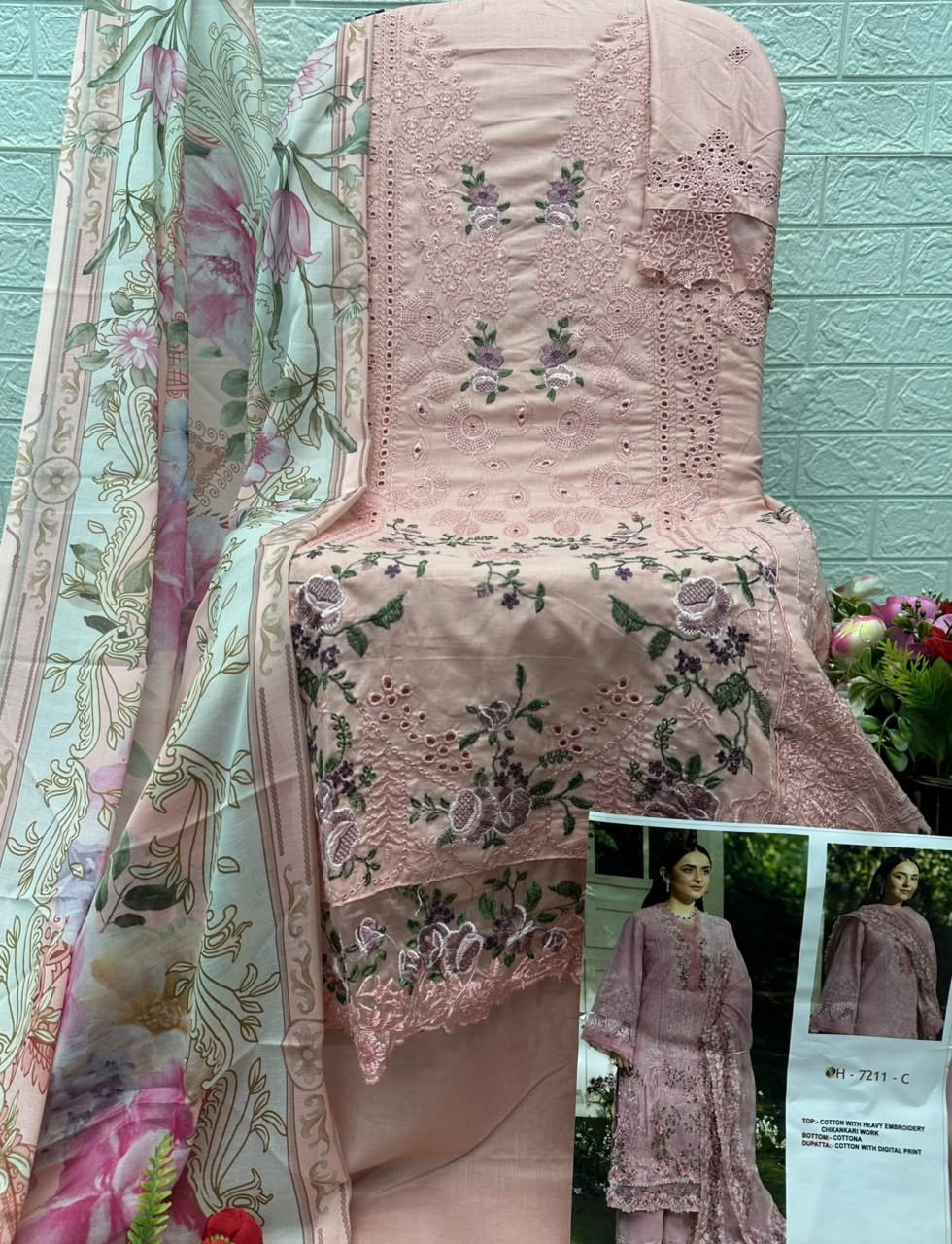 D.No 7211 TRENDZ Chikankari Cotton Suit with Maslin Printed Dupatta Pakistani Suit Single Wholesale Price 