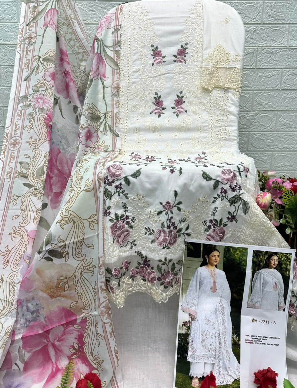 D.No 7211 TRENDZ Chikankari Cotton Suit with Maslin Printed Dupatta Pakistani Suit Single Wholesale Price 