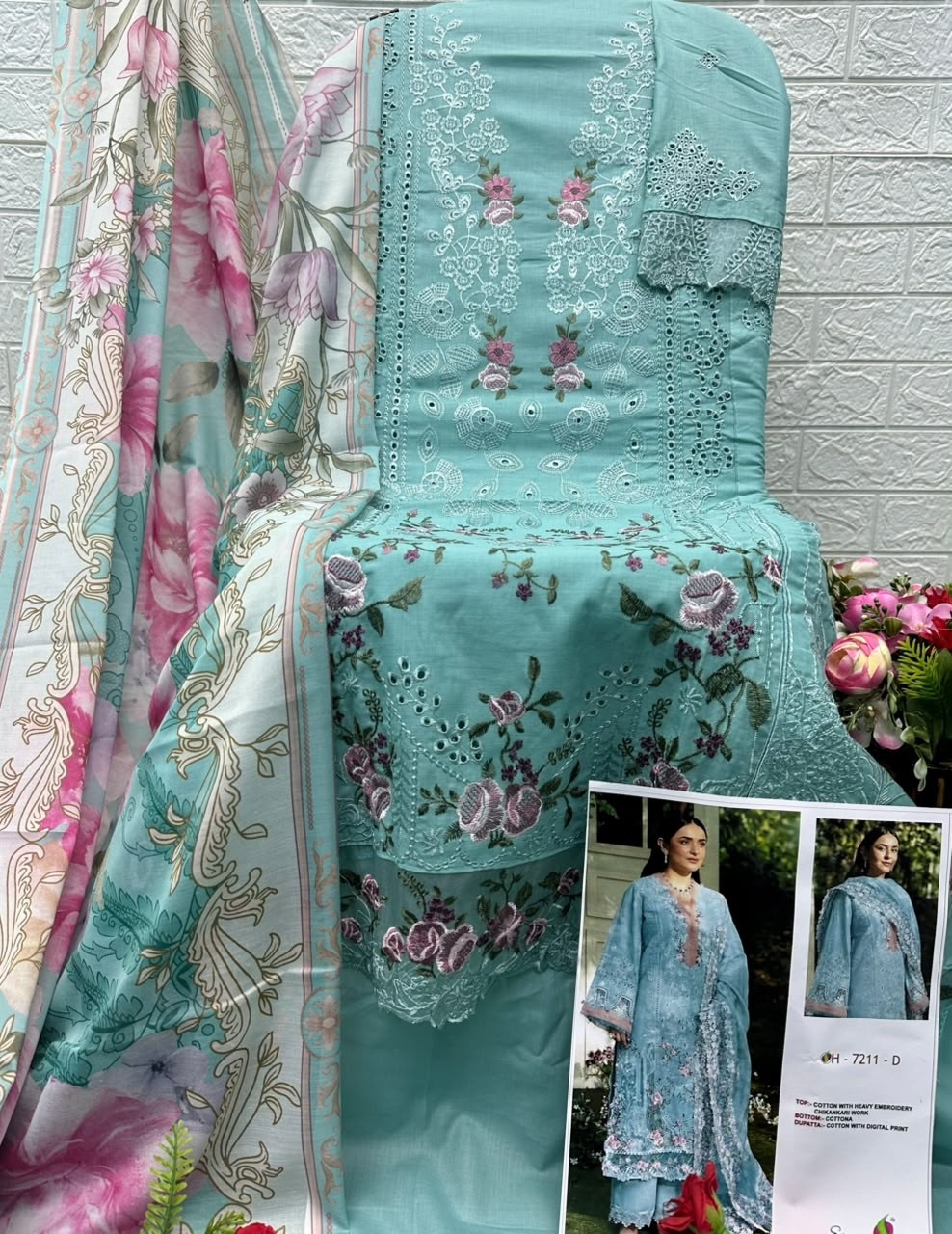 D.No 7211 TRENDZ Chikankari Cotton Suit with Maslin Printed Dupatta Pakistani Suit Single Wholesale Price 