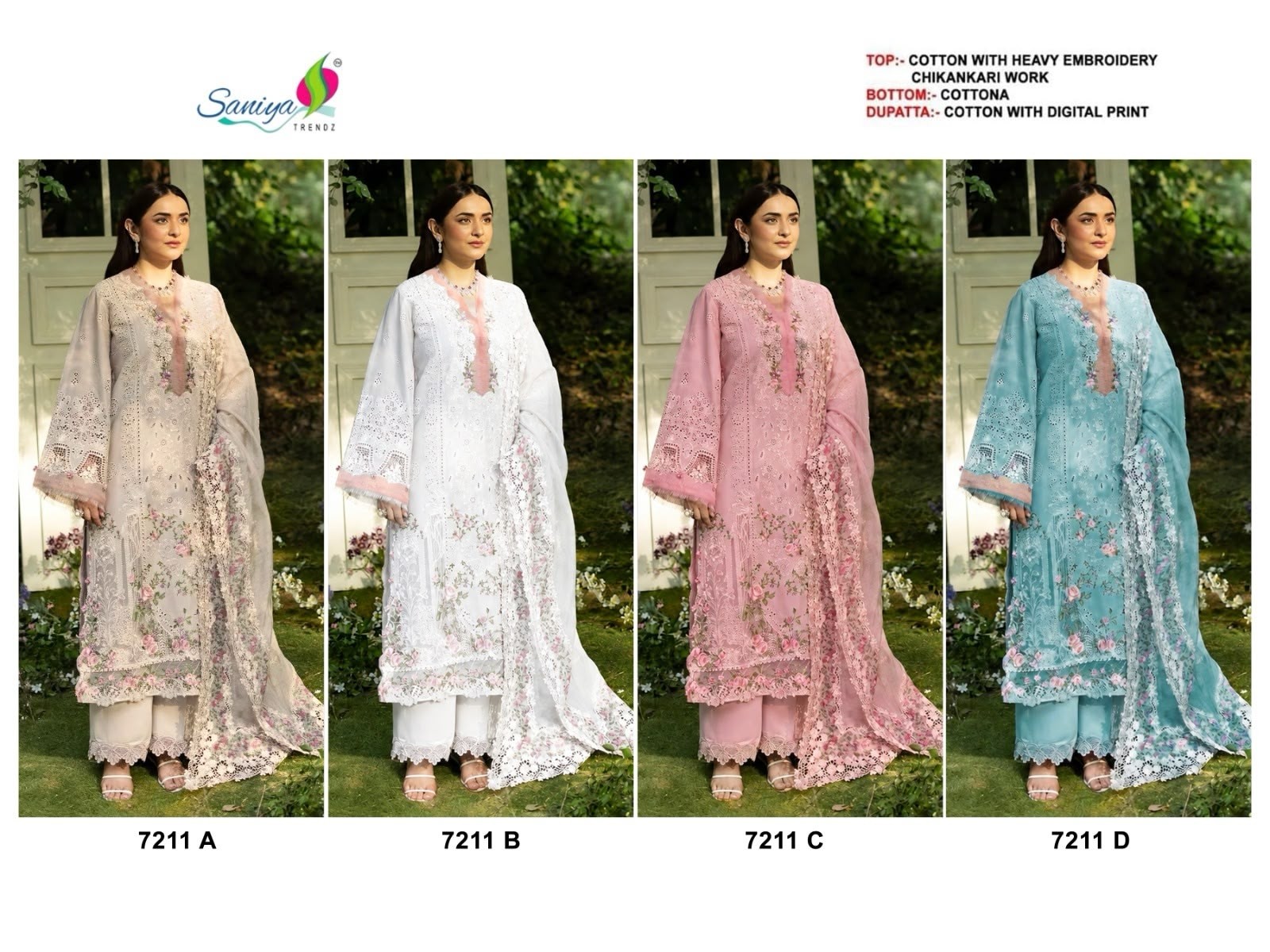 D.No 7211 TRENDZ Chikankari Cotton Suit with Maslin Printed Dupatta Pakistani Suit Single Wholesale Price 