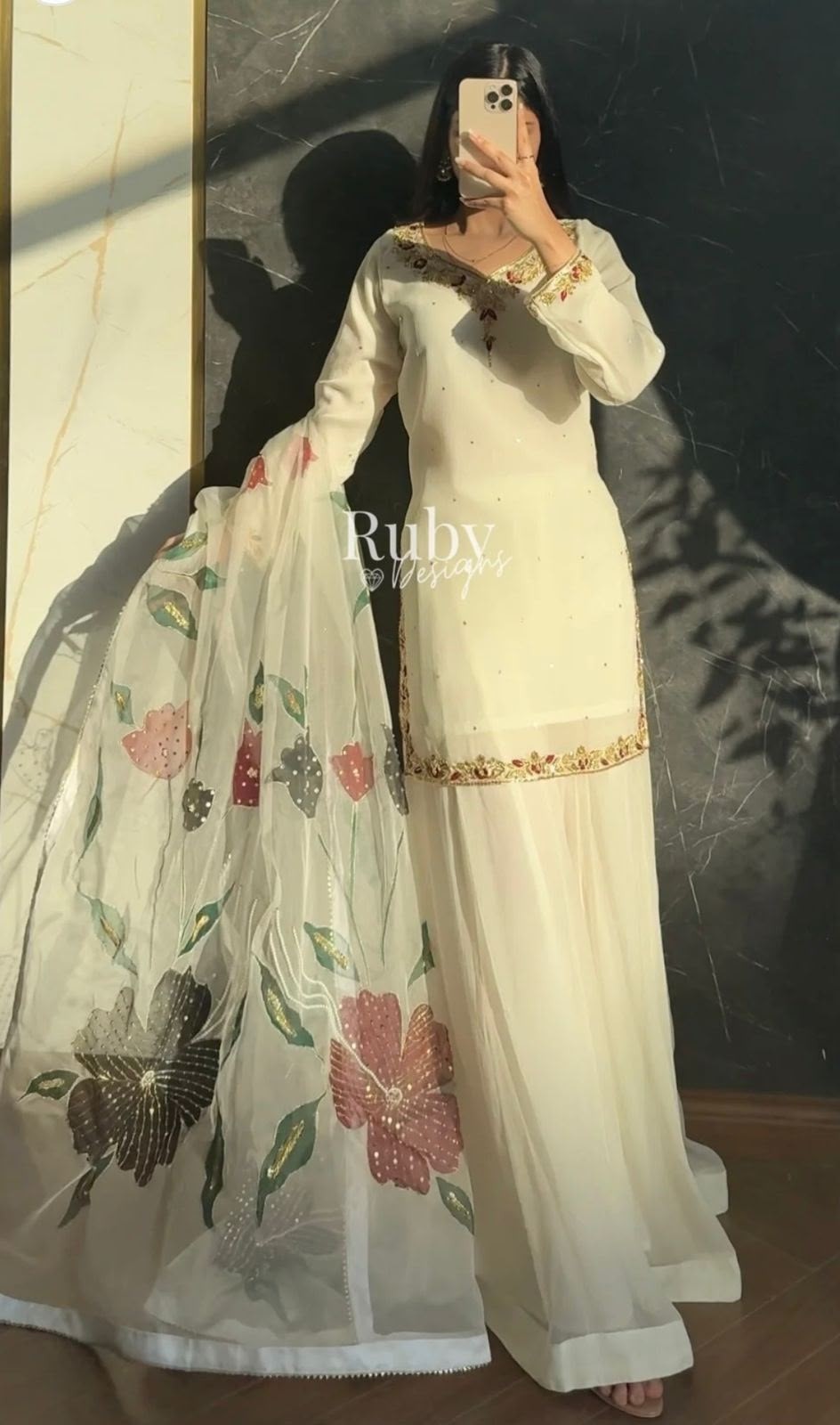 WW-1263 Fox Georgette Embroidered Top With Sarara & Digital Print Dupatta Pakistani Suit Single Wholesale Price 