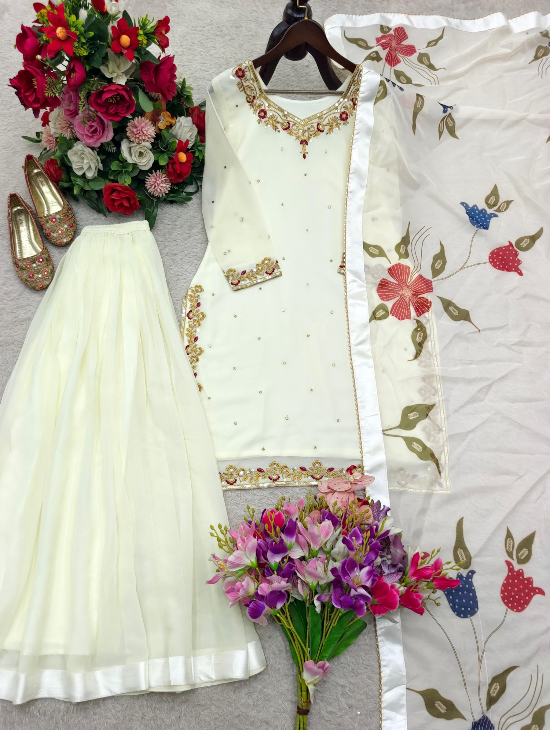 WW-1263 Fox Georgette Embroidered Top With Sarara & Digital Print Dupatta Pakistani Suit Single Wholesale Price 
