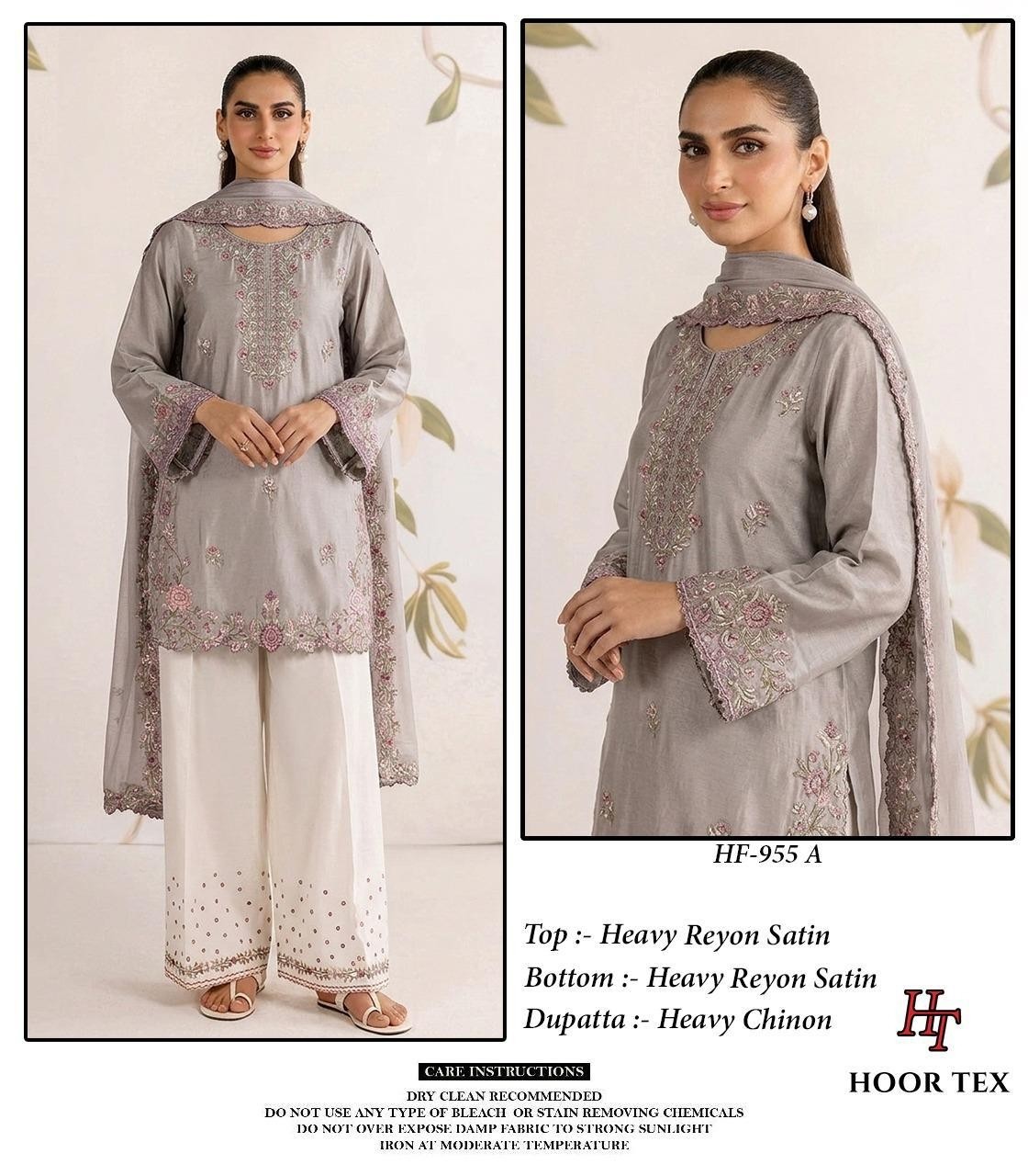 Hoor Tex HF-955 Pakistani Heavy Reyon Satin Suit Set with Chinon Dupatta Pakistani Suit Single And Full Set Wholesale Price 