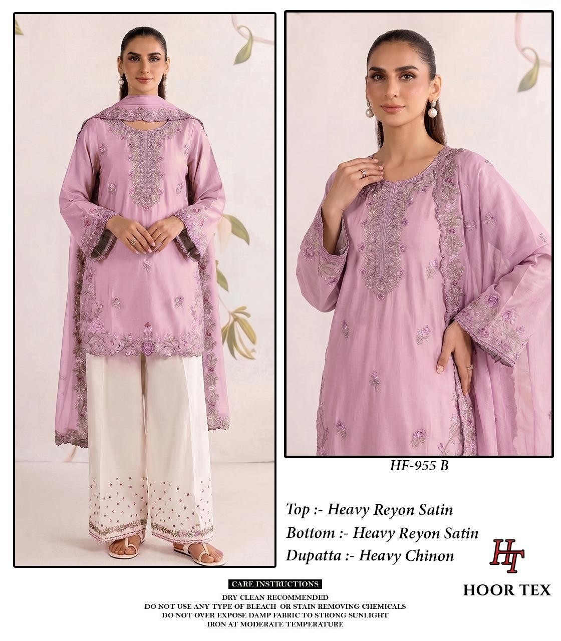 Hoor Tex HF-955 Pakistani Heavy Reyon Satin Suit Set with Chinon Dupatta Pakistani Suit Single And Full Set Wholesale Price 