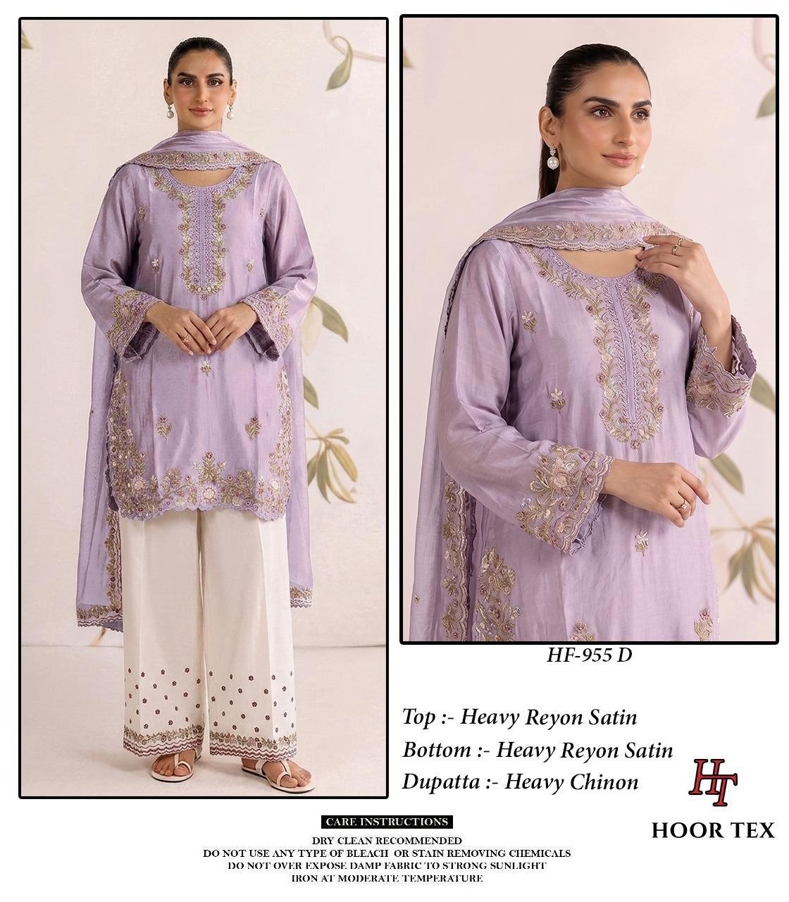 Hoor Tex HF-955 Pakistani Heavy Reyon Satin Suit Set with Chinon Dupatta Pakistani Suit Single And Full Set Wholesale Price 