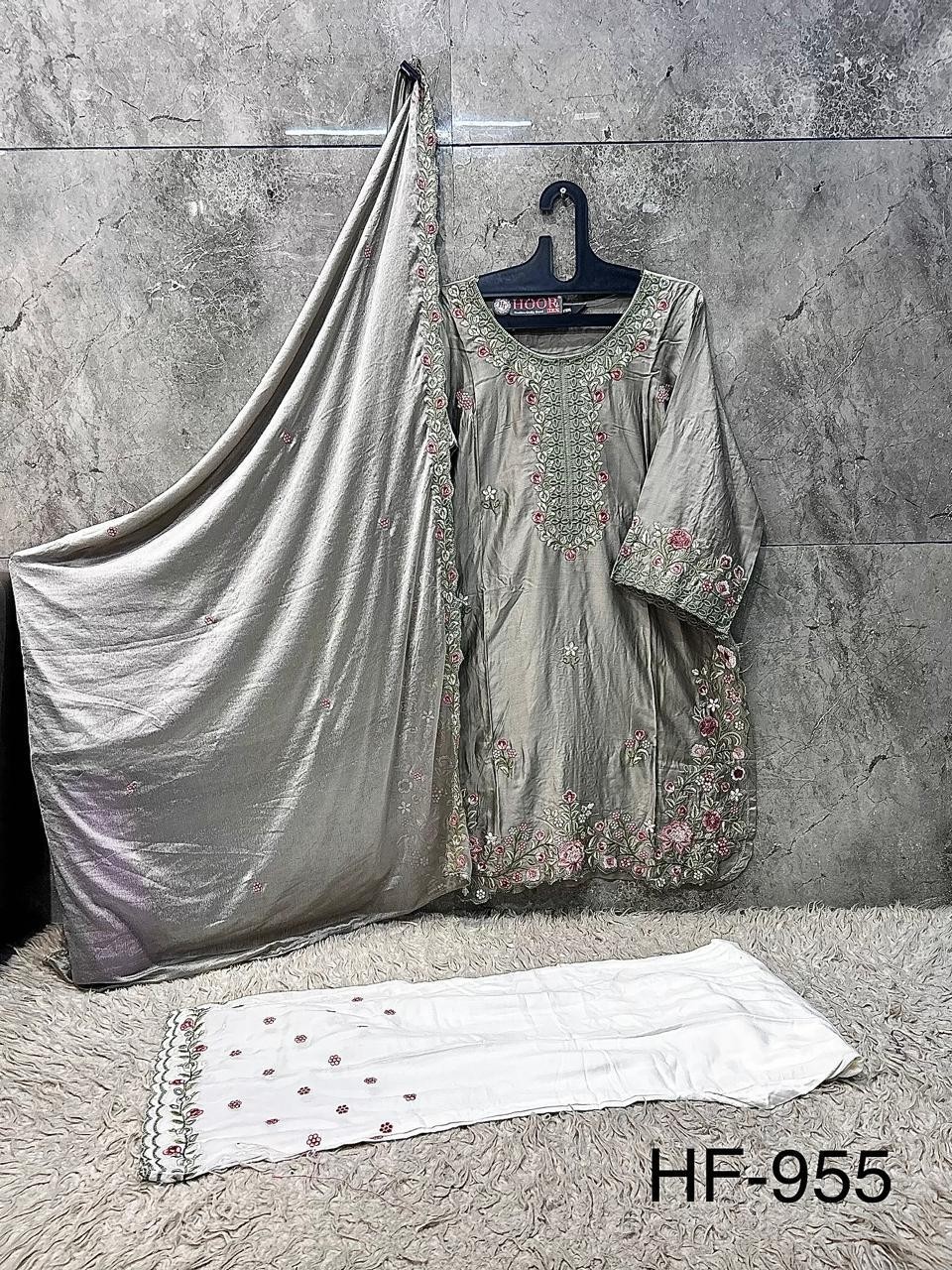 Hoor Tex HF-955 Pakistani Heavy Reyon Satin Suit Set with Chinon Dupatta Pakistani Suit Single And Full Set Wholesale Price 