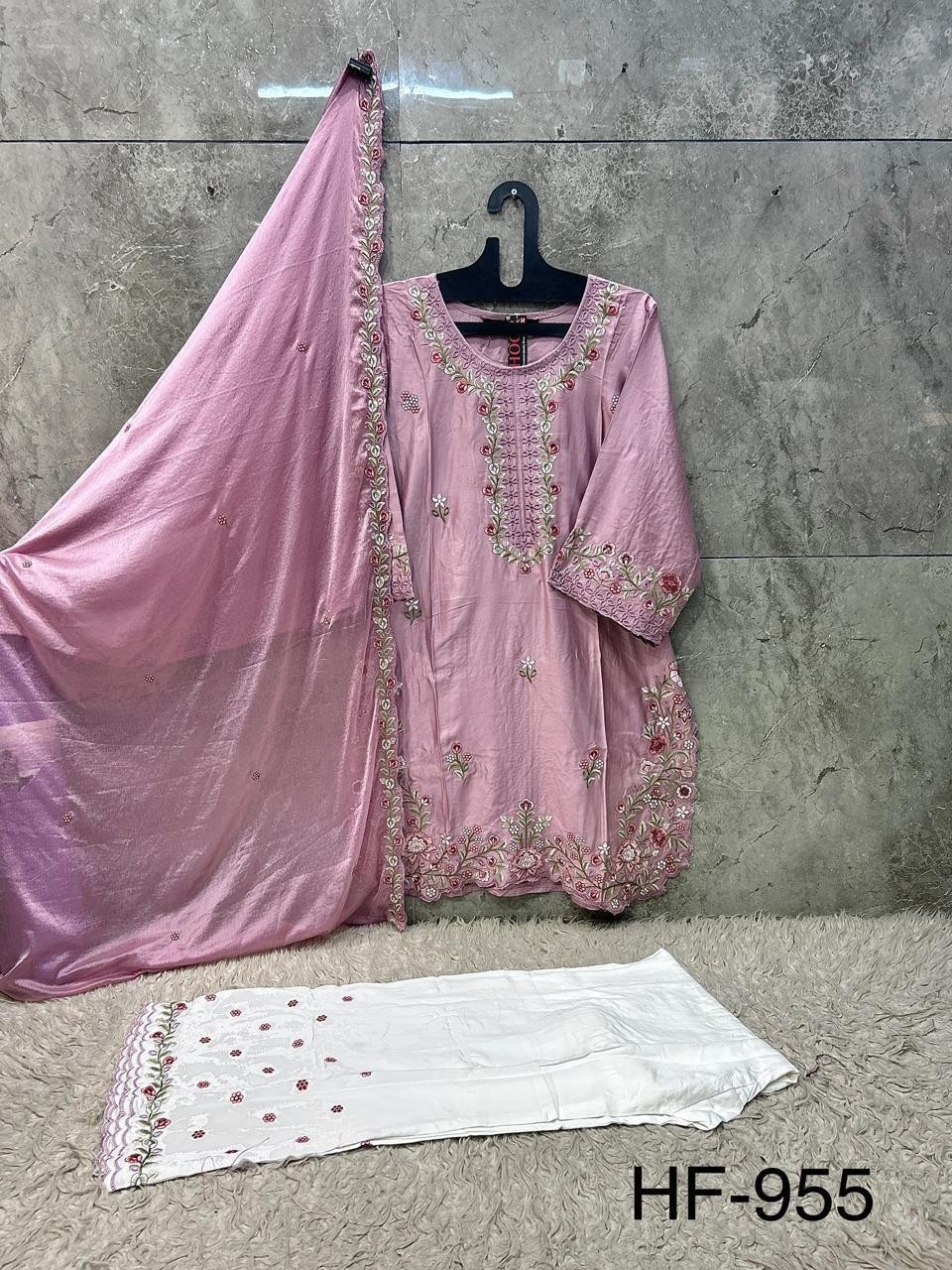 Hoor Tex HF-955 Pakistani Heavy Reyon Satin Suit Set with Chinon Dupatta Pakistani Suit Single And Full Set Wholesale Price 