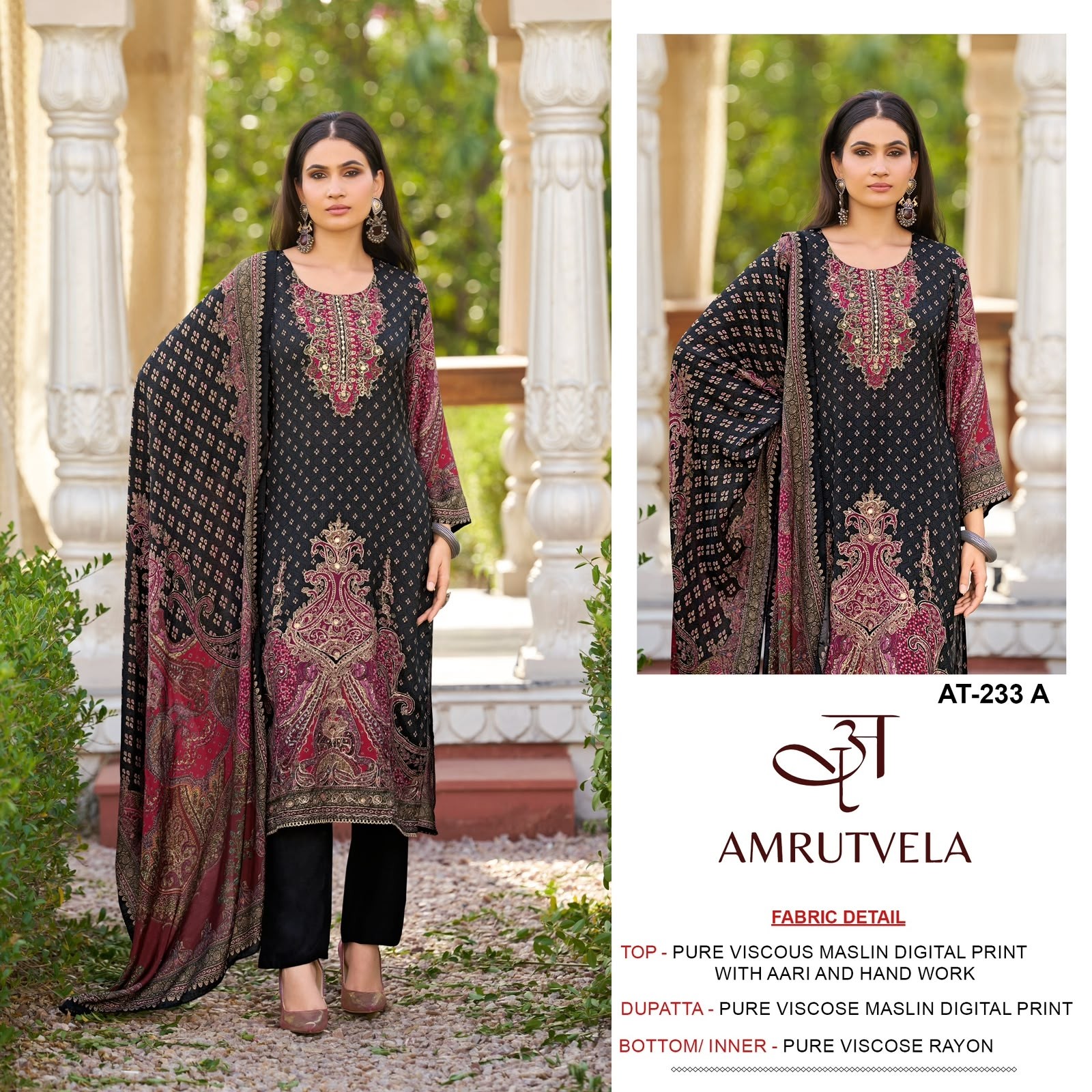 AMRUTVELA AT-233 Pakistani Viscose Maslin Digital Print Suit with Aari & Hand Work Pakistani Suit Single And Full Set Wholesale Price 