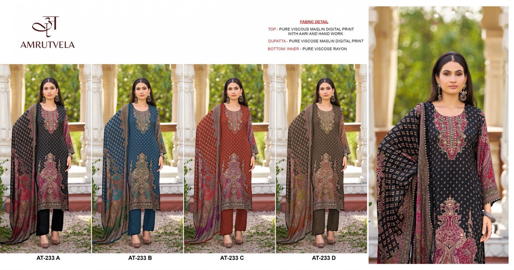 AMRUTVELA AT-233 Pakistani Viscose Maslin Digital Print Suit with Aari & Hand Work Pakistani Suit Single And Full Set Wholesale Price 