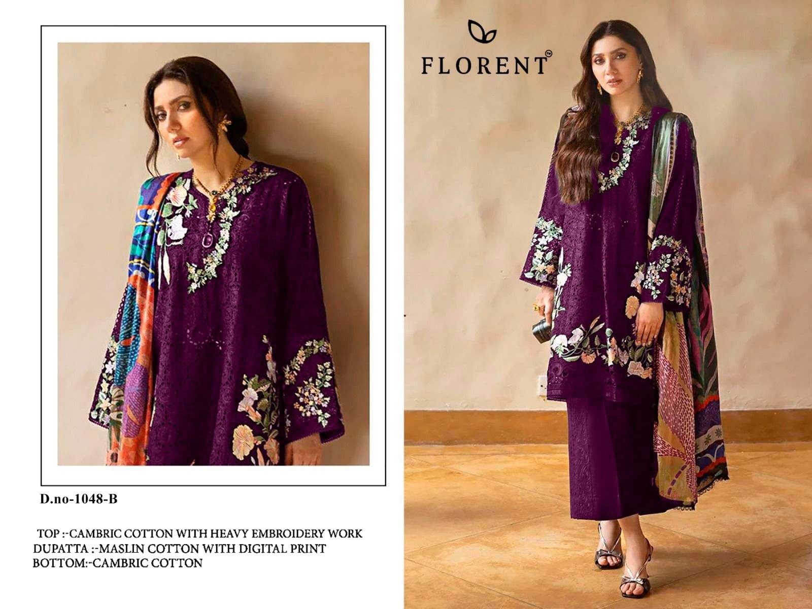 FLORENT 1048 Premium Embroidered Cotton Suit with Maslin Digital Print Dupatta Pakistani Suit Single Wholesale Price 