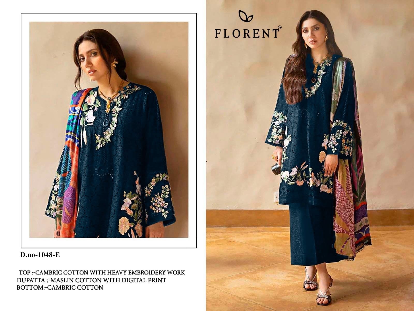 FLORENT 1048 Premium Embroidered Cotton Suit with Maslin Digital Print Dupatta Pakistani Suit Single Wholesale Price 