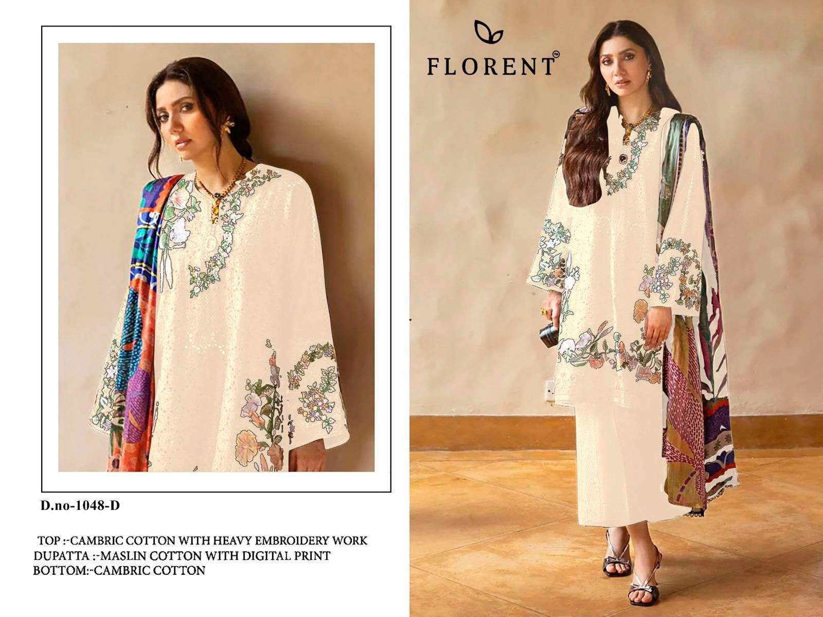FLORENT 1048 Premium Embroidered Cotton Suit with Maslin Digital Print Dupatta Pakistani Suit Single Wholesale Price 
