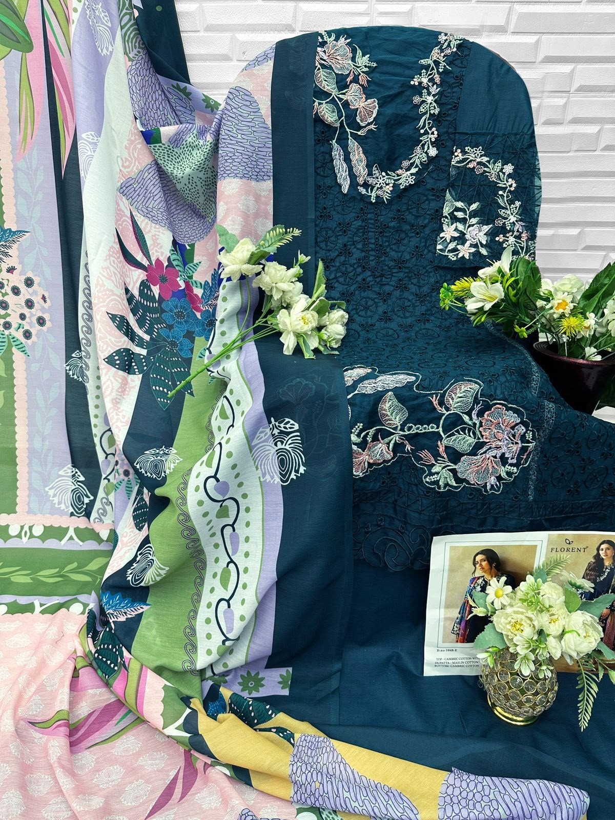 FLORENT 1048 Premium Embroidered Cotton Suit with Maslin Digital Print Dupatta Pakistani Suit Single Wholesale Price 