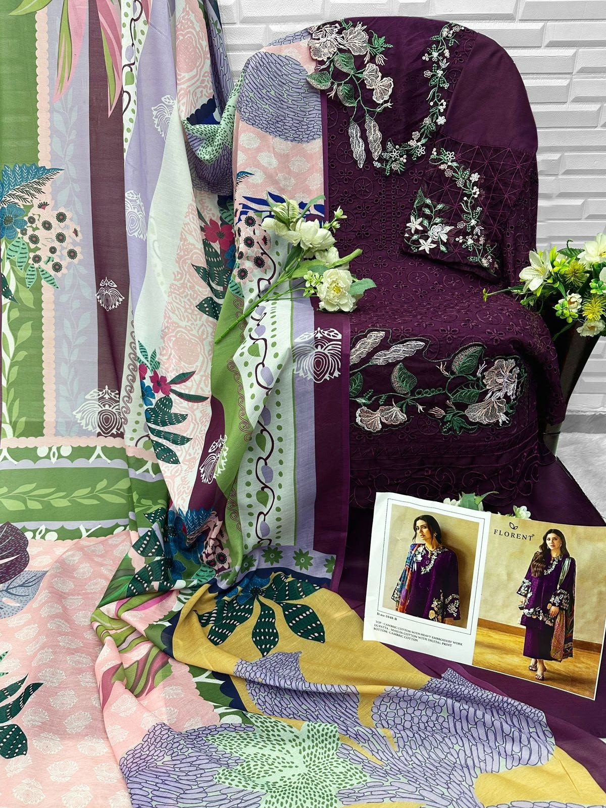 FLORENT 1048 Premium Embroidered Cotton Suit with Maslin Digital Print Dupatta Pakistani Suit Single Wholesale Price 