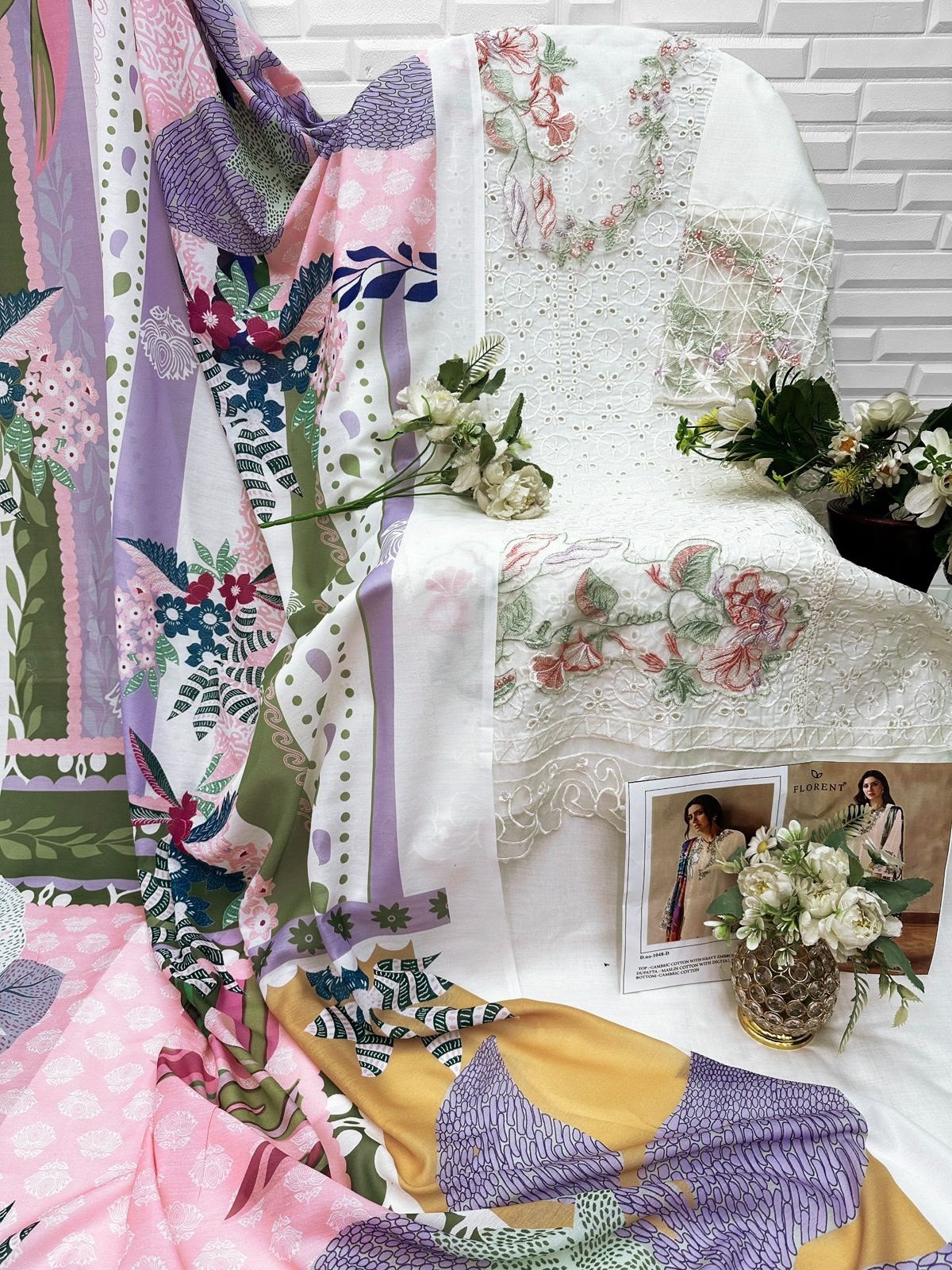 FLORENT 1048 Premium Embroidered Cotton Suit with Maslin Digital Print Dupatta Pakistani Suit Single Wholesale Price 